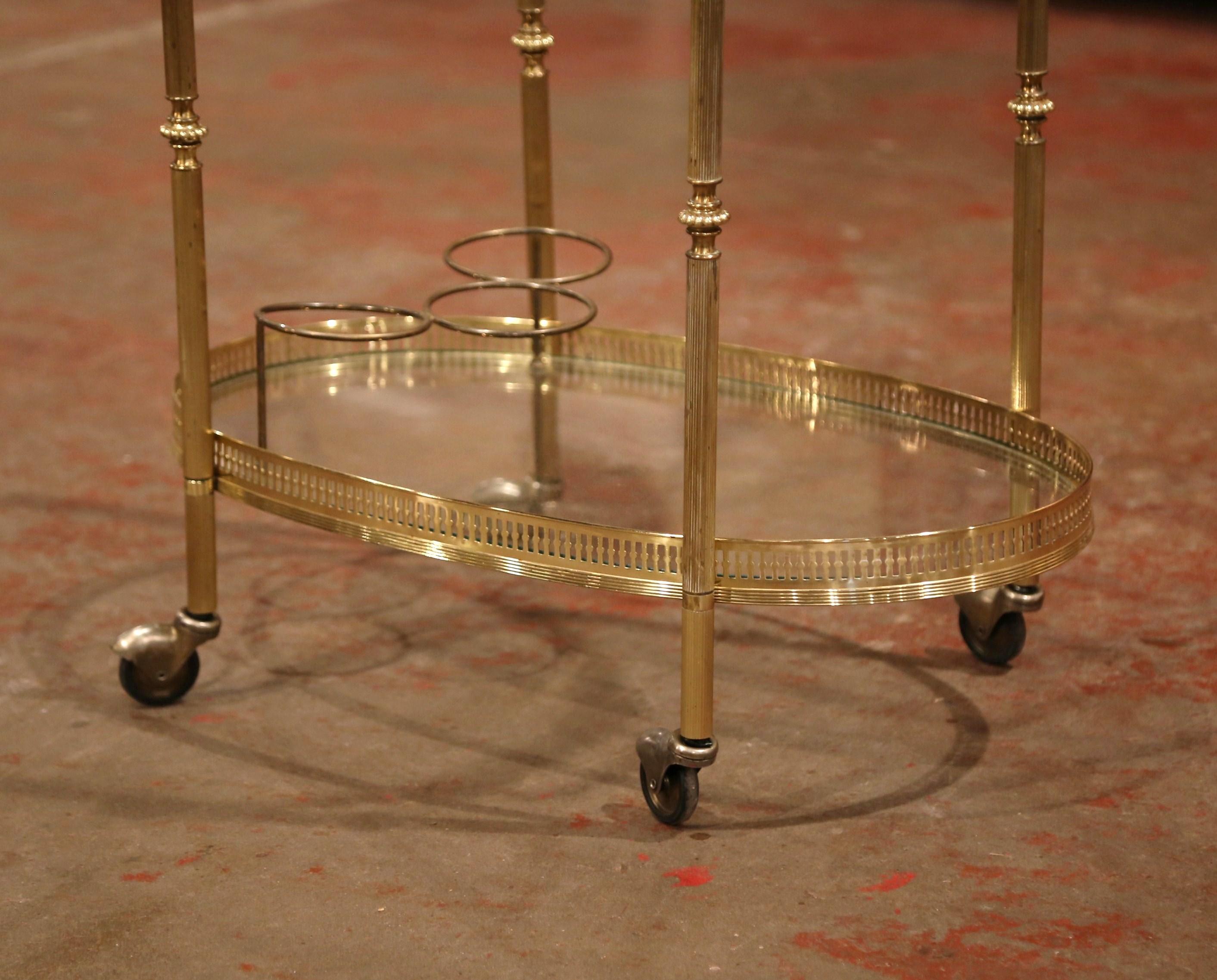Early 20th Century French Polished Brass Two-Tier Oval Bar Cart on Wheels 3