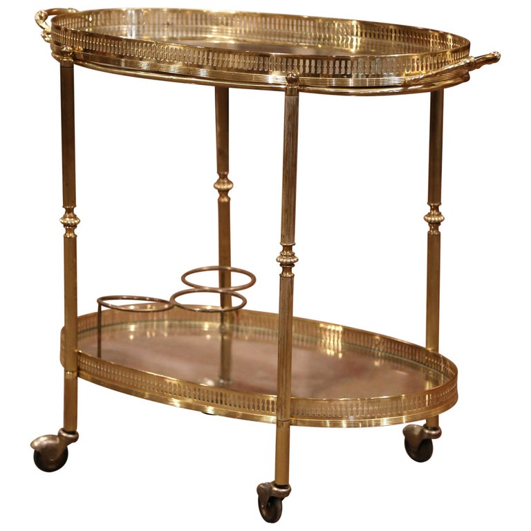 Early 20th Century French Polished Brass TwoTier Oval Bar Cart on