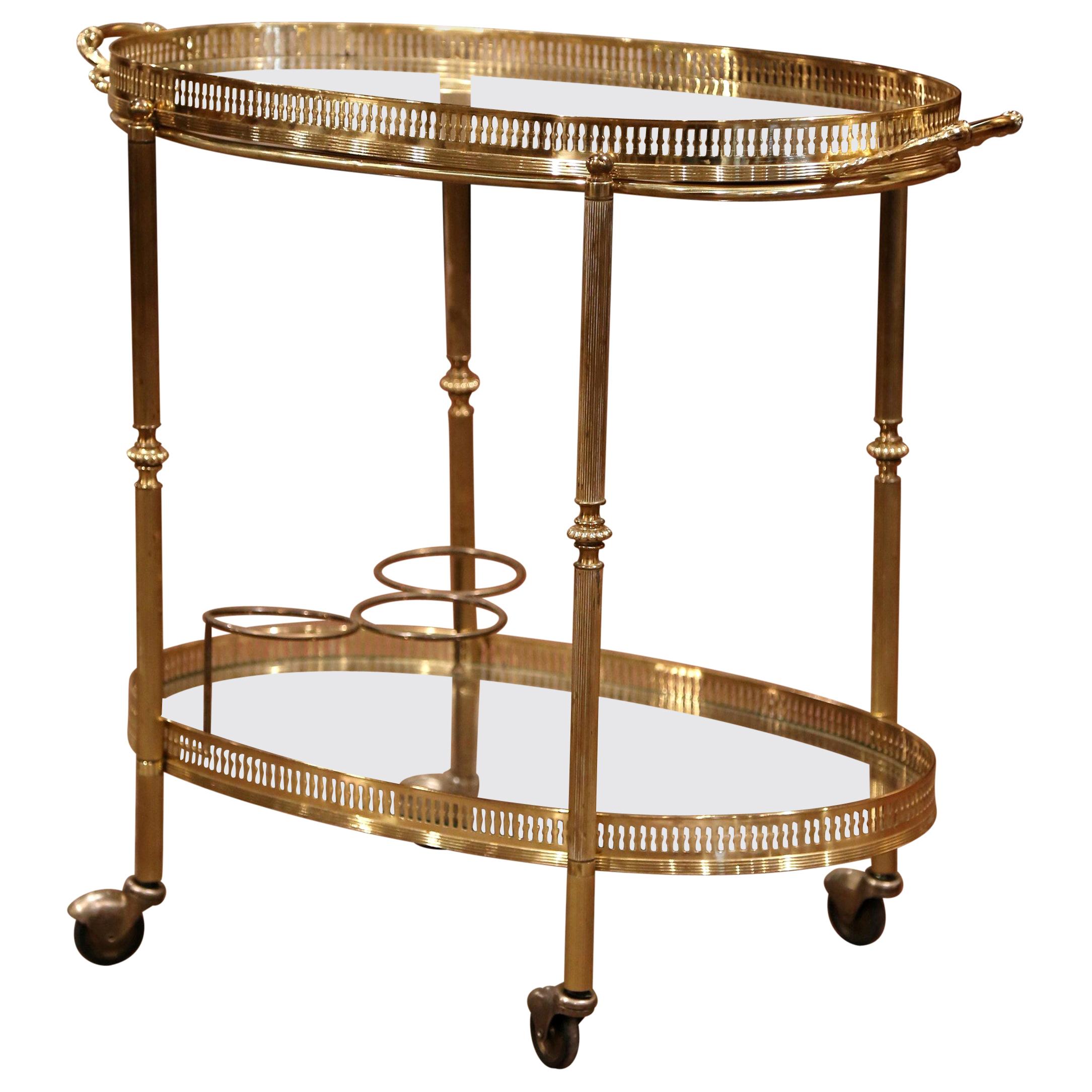 Early 20th Century French Polished Brass Two-Tier Oval Bar Cart on Wheels