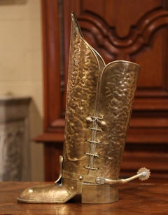 Early 20th C. French Hammered Copper and Brass Musketeer Boot Umbrella Stand