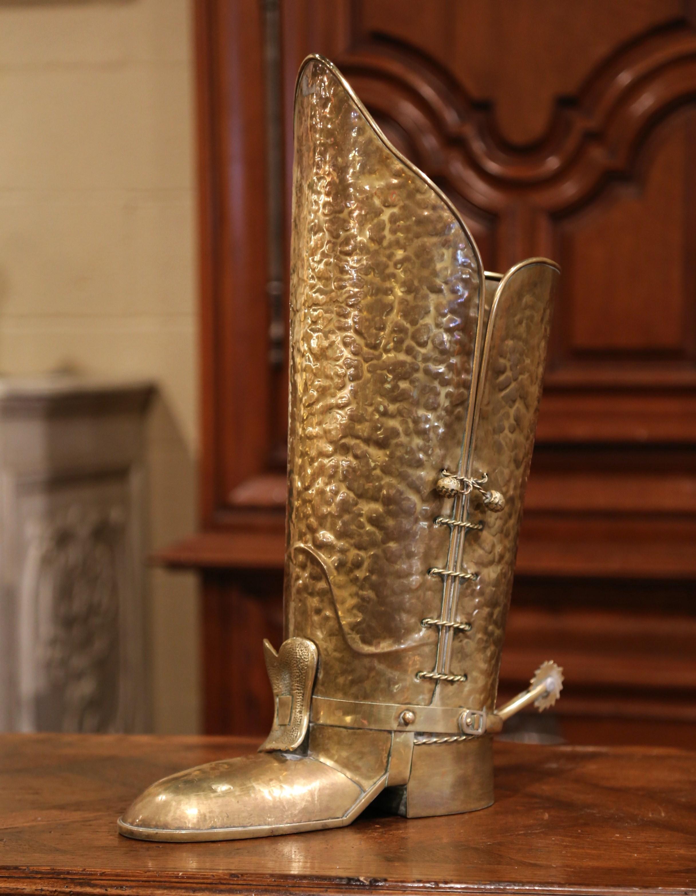Hand-Crafted Early 20th Century French Polished Copper and Brass Boot Umbrella Stand For Sale