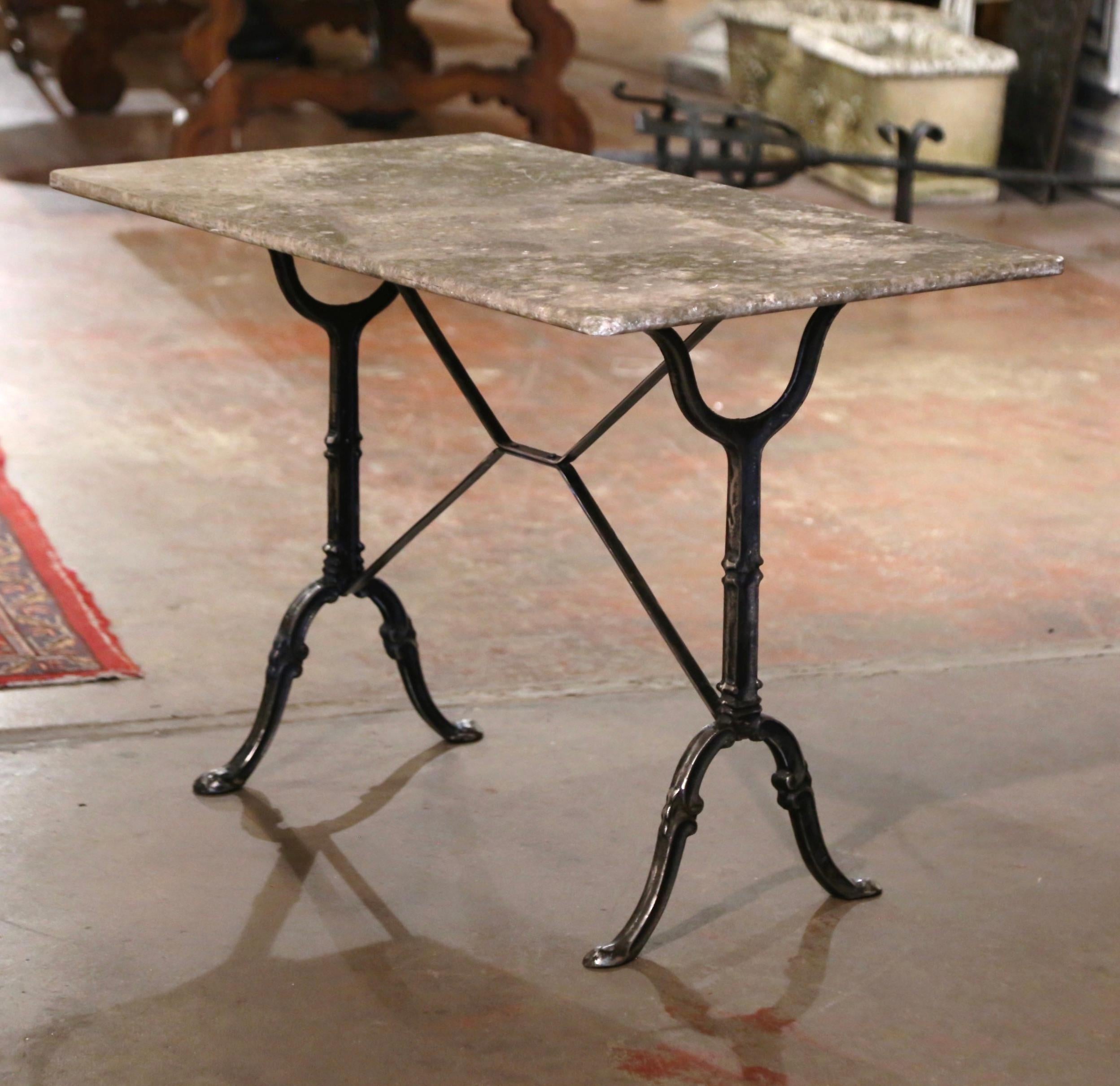 Early 20th Century French Polished Iron Bistrot Table with Weathered Stone Top In Excellent Condition In Dallas, TX