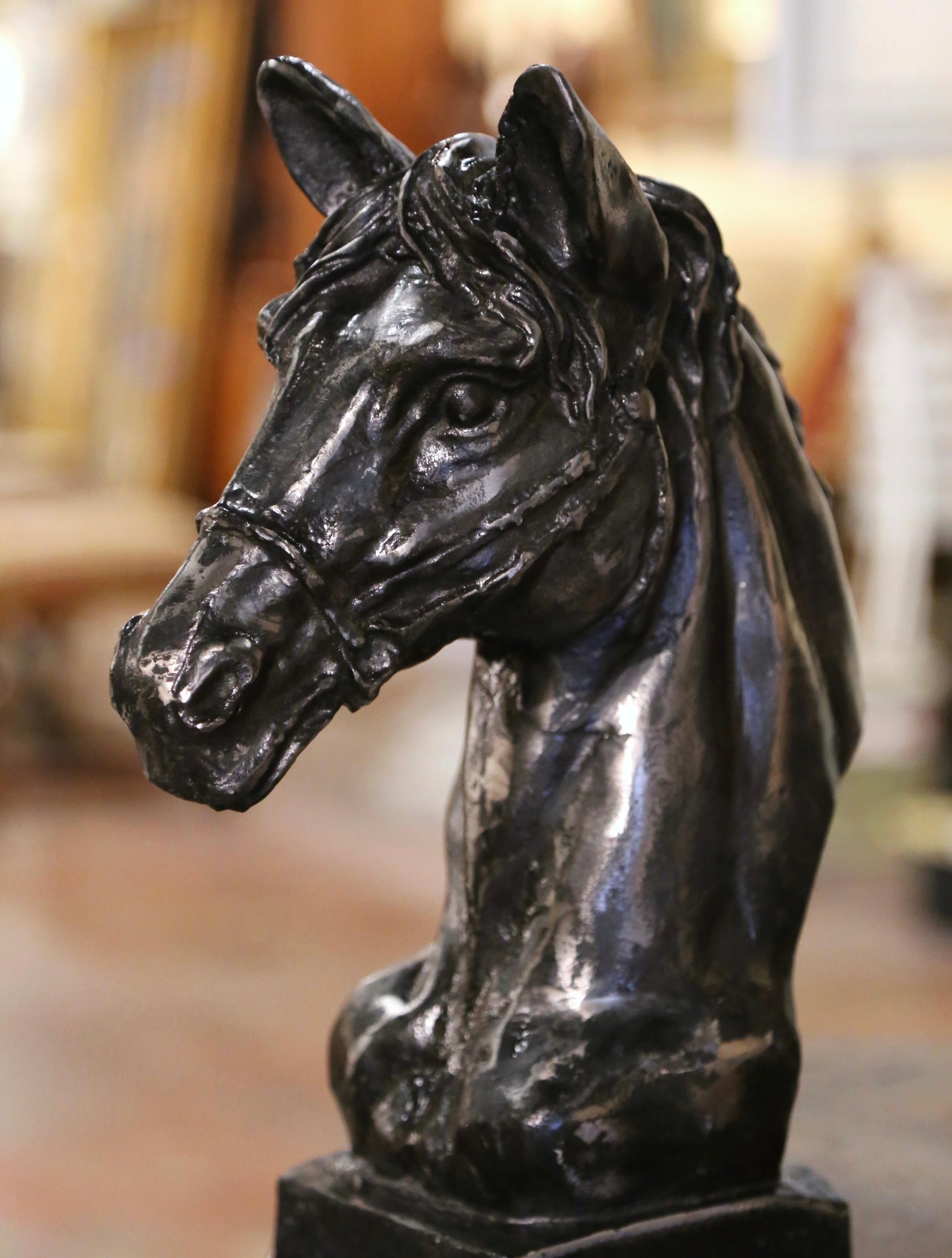 Country Early 20th Century French Polished Iron Horse Head Sculpture on Integral Base For Sale
