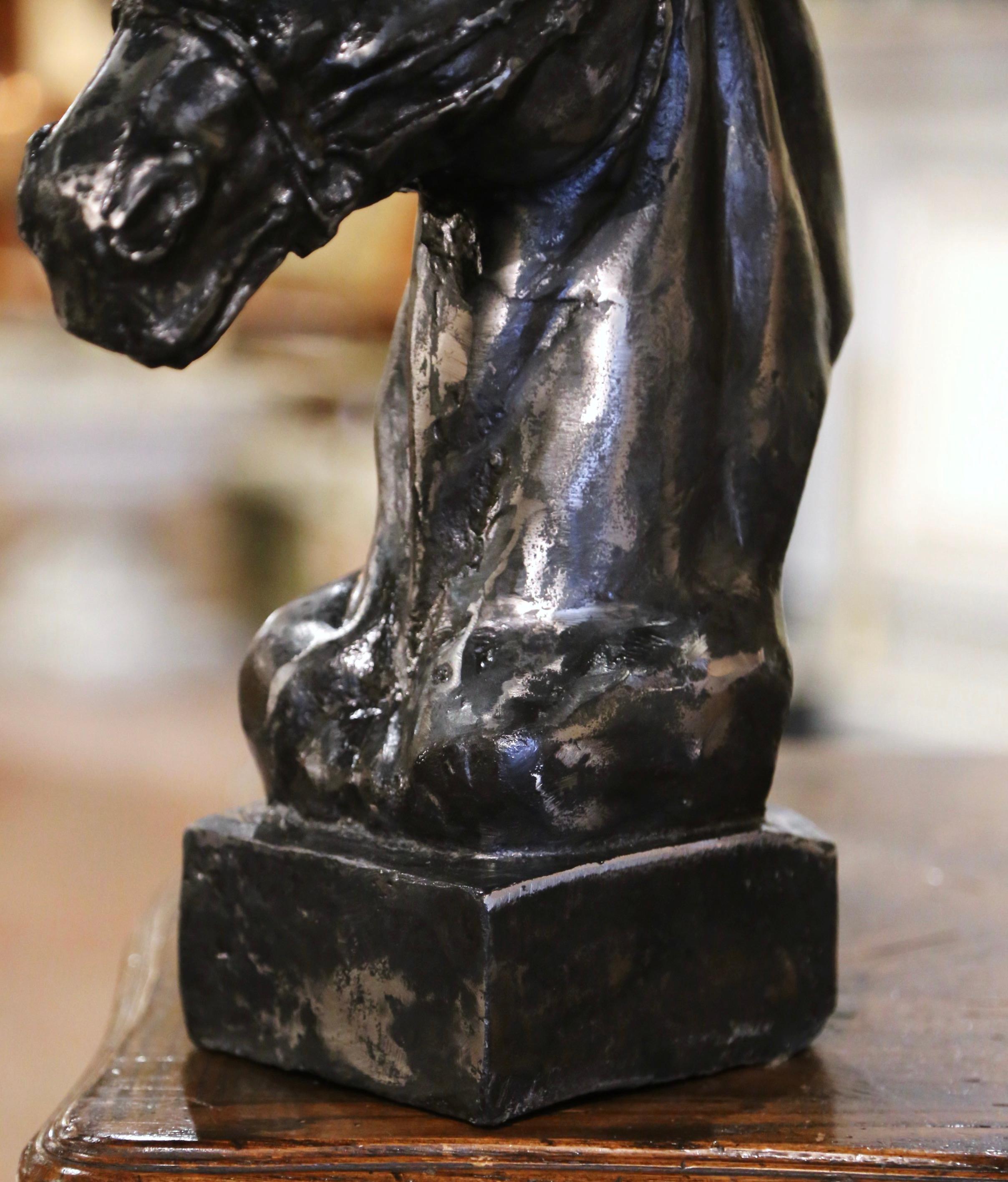 Hand-Carved Early 20th Century French Polished Iron Horse Head Sculpture on Integral Base For Sale