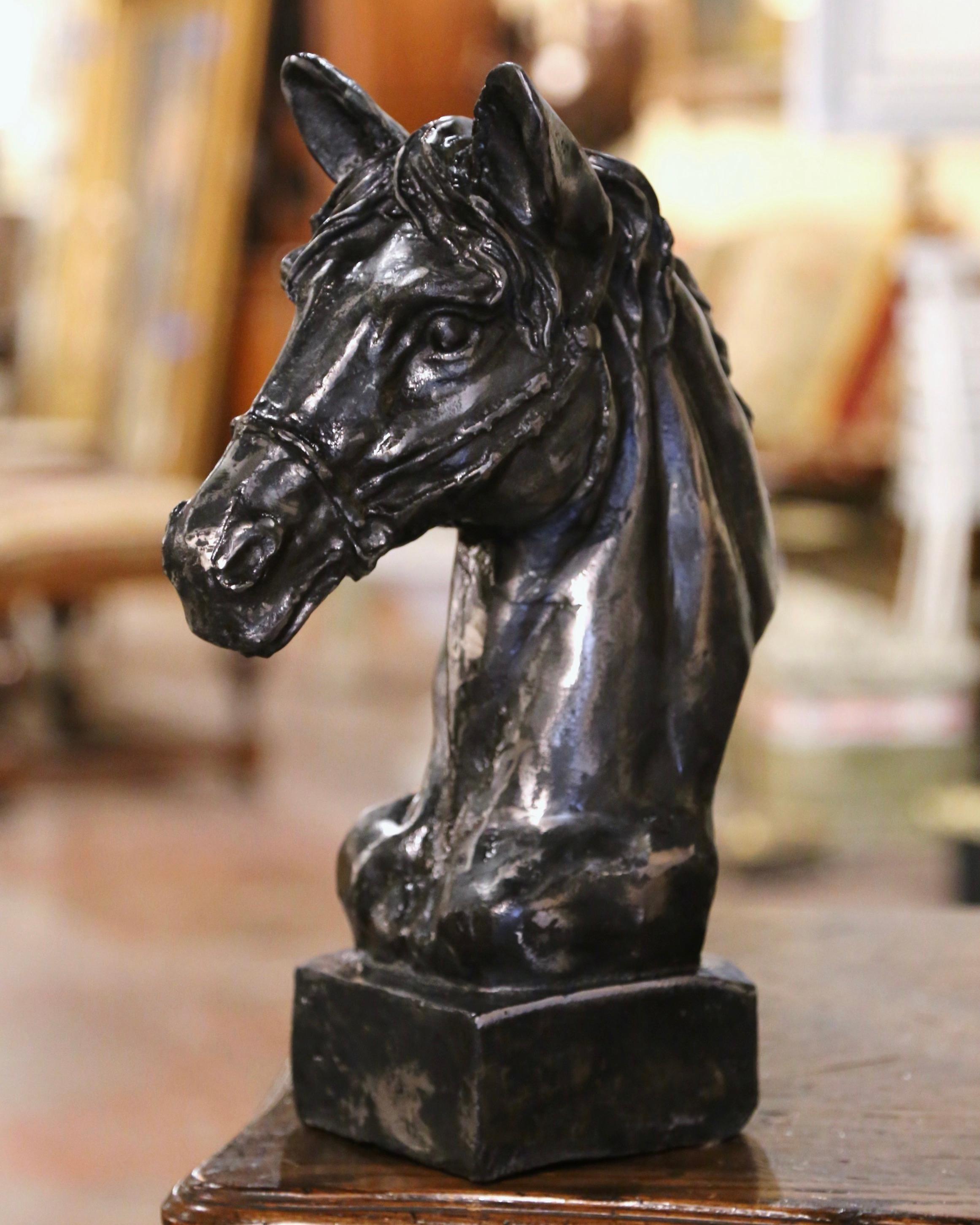 Early 20th Century French Polished Iron Horse Head Sculpture on Integral Base In Excellent Condition For Sale In Dallas, TX