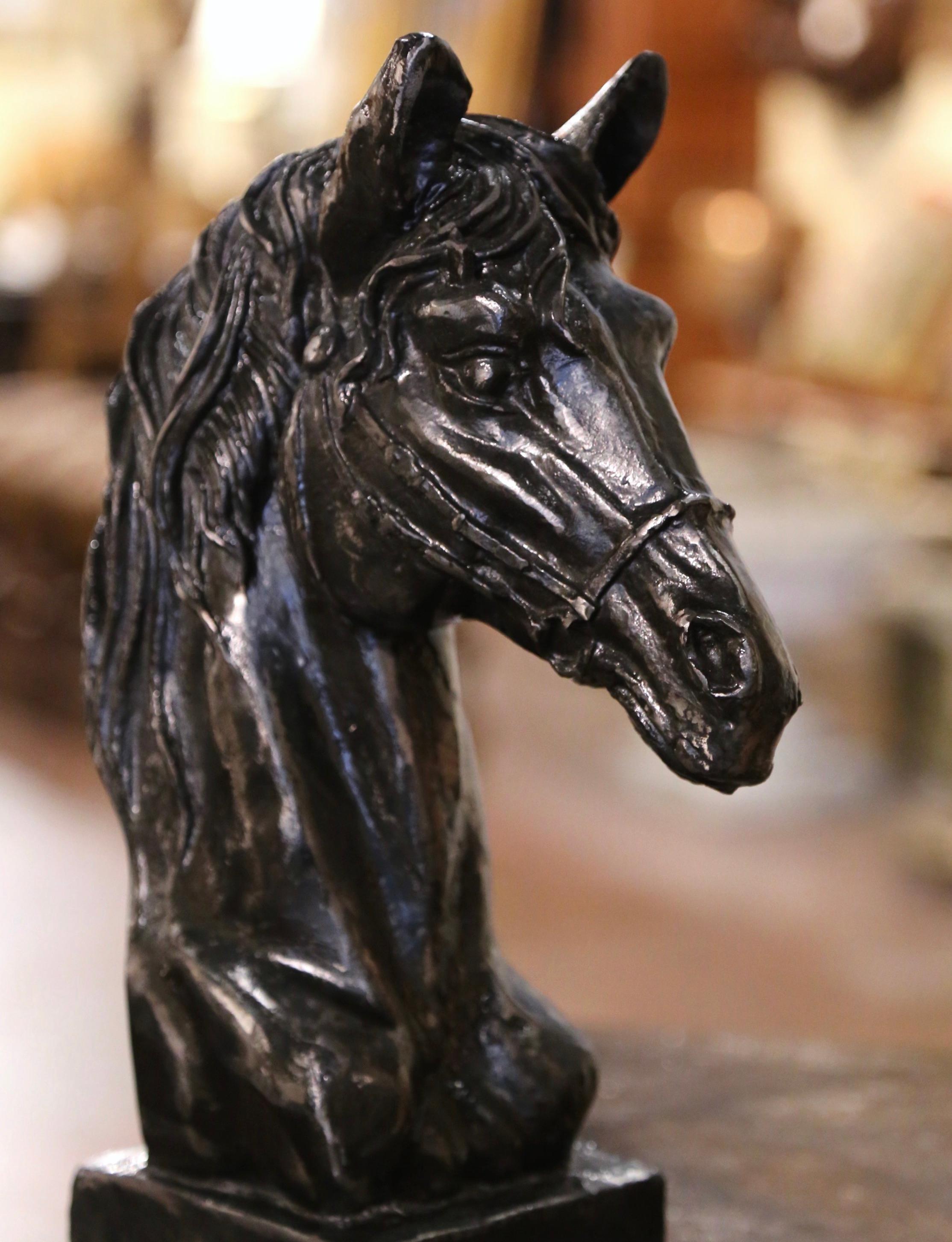 Early 20th Century French Polished Iron Horse Head Sculpture on Integral Base For Sale 1