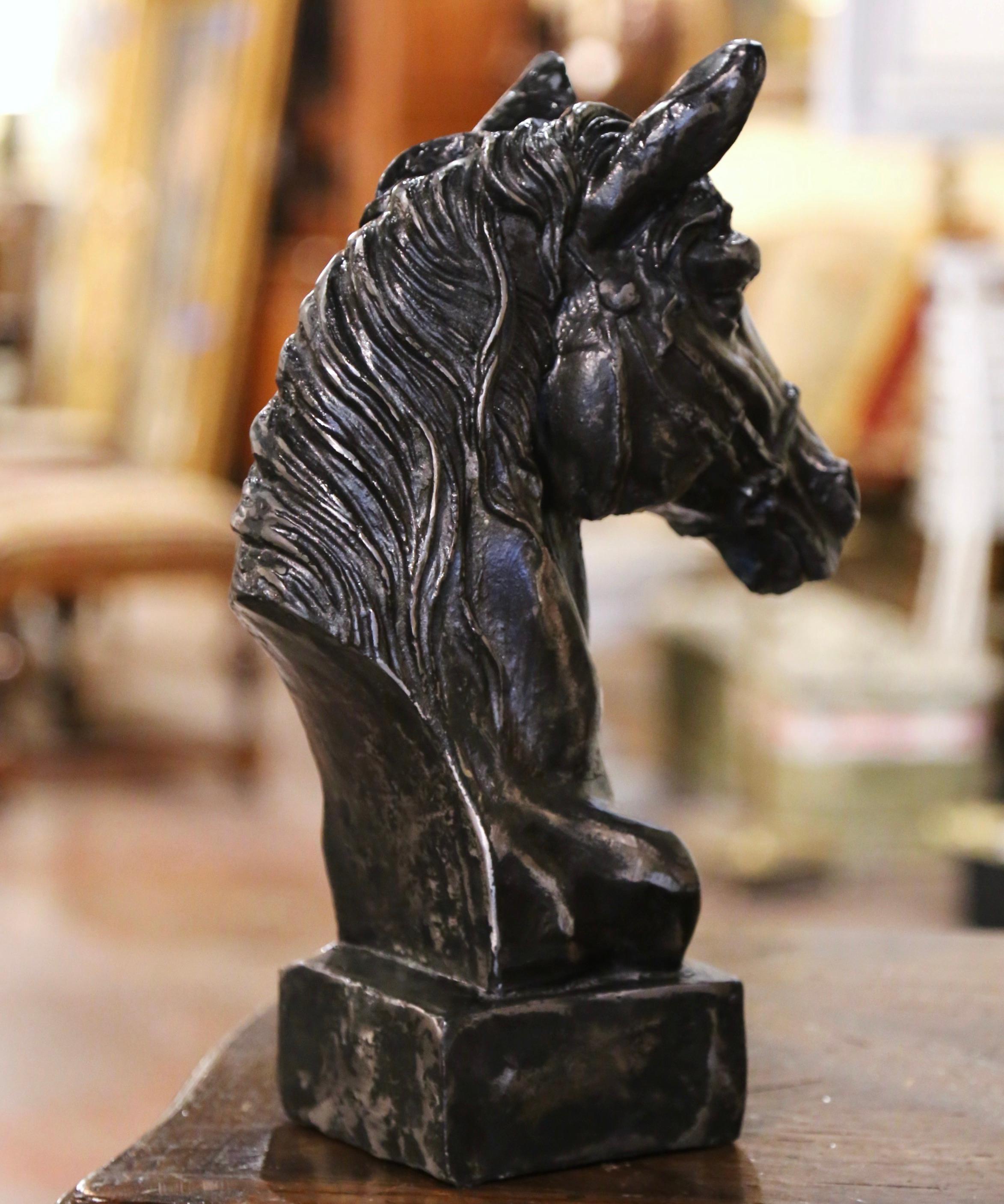 Early 20th Century French Polished Iron Horse Head Sculpture on Integral Base For Sale 2