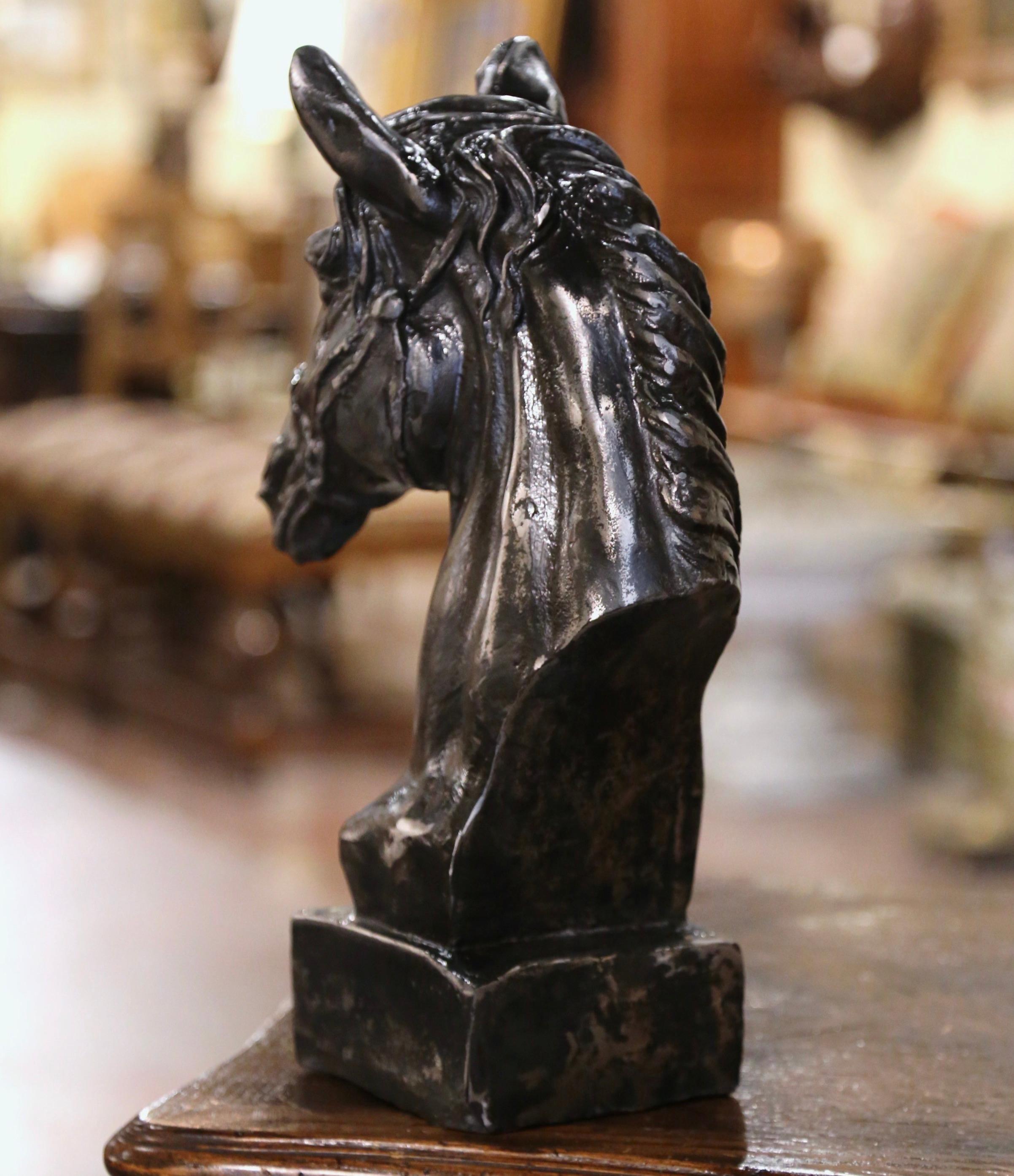 Early 20th Century French Polished Iron Horse Head Sculpture on Integral Base For Sale 3
