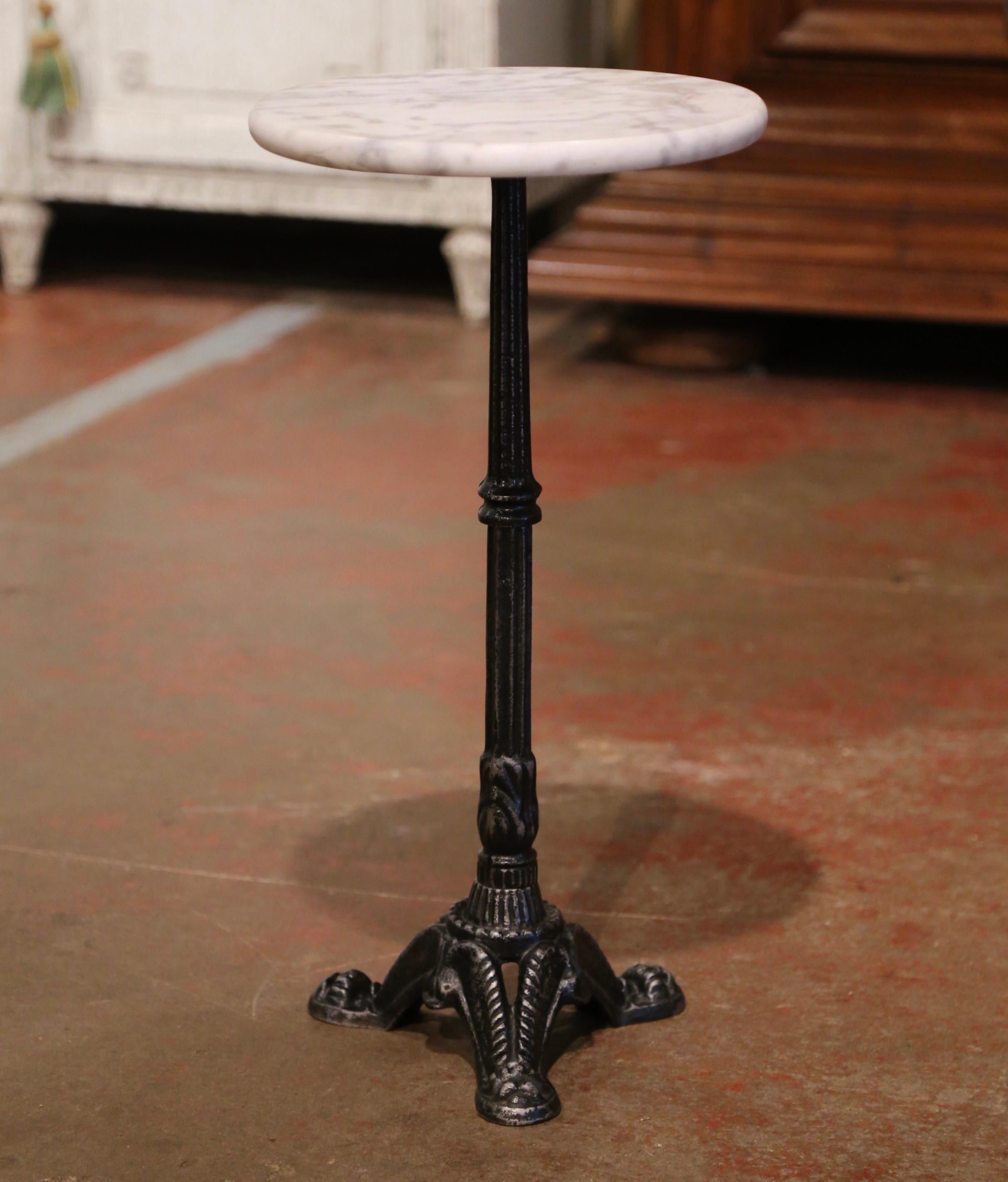 Hand-Crafted Early 20th Century French Polished Iron Martini Pedestal Table with Marble Top