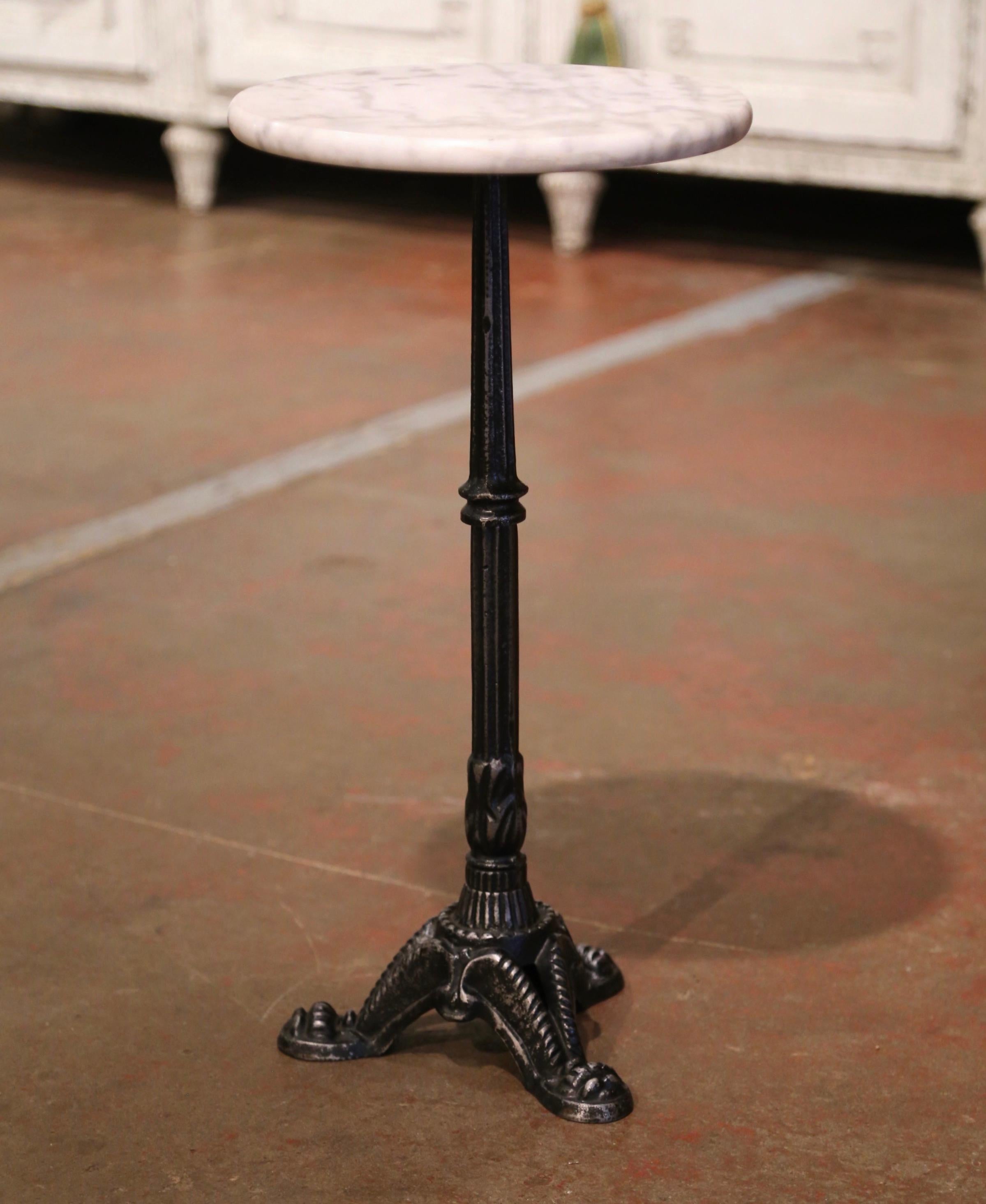 Early 20th Century French Polished Iron Martini Pedestal Table with Marble Top In Excellent Condition In Dallas, TX