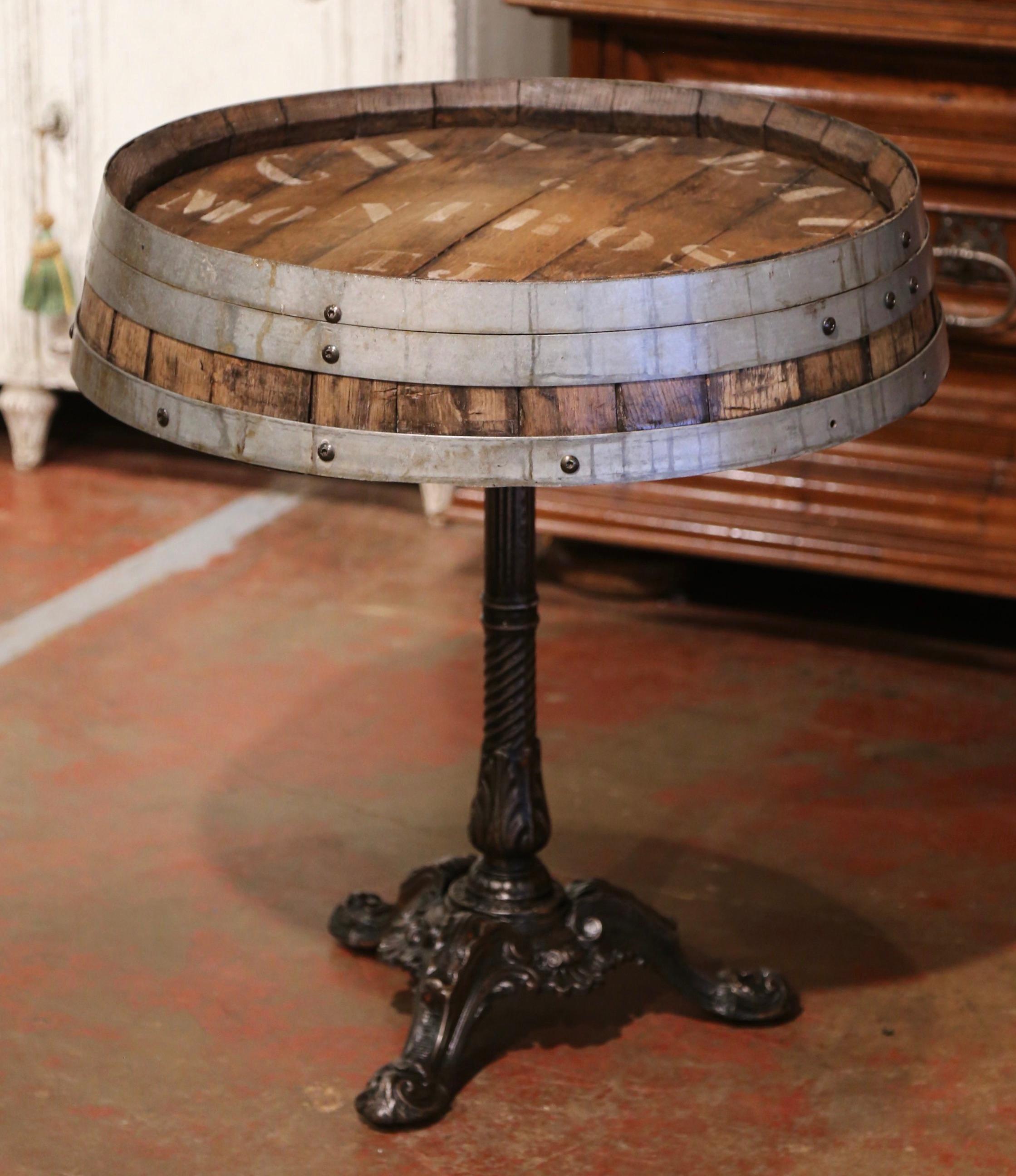 Early 20th Century French Polished Iron Pedestal Table with Oak Wine Barrel Top In Excellent Condition For Sale In Dallas, TX