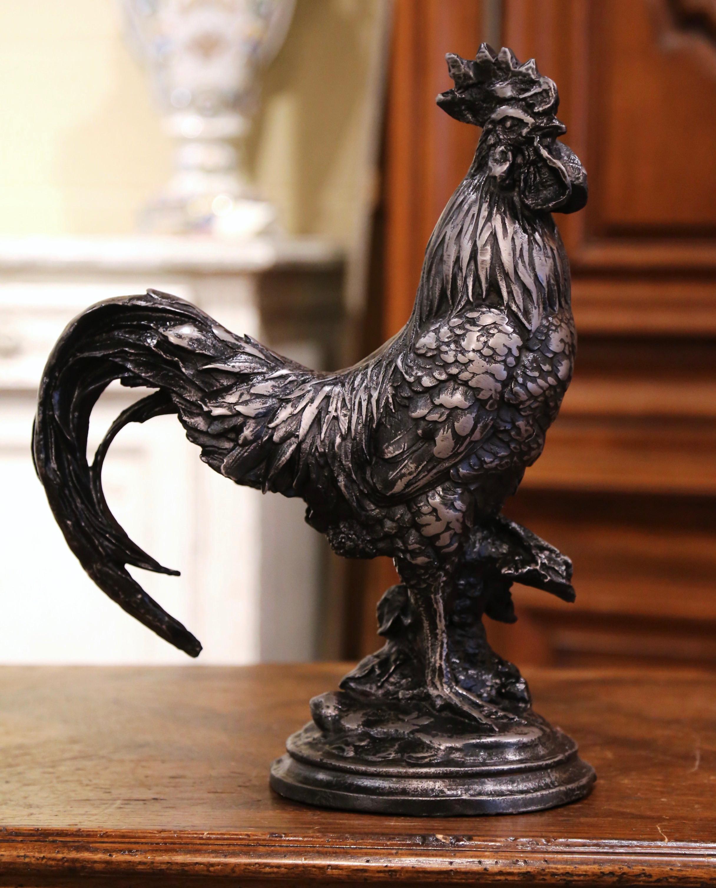 Französische Hahnfigur aus poliertem Eisen aus dem frühen 20. Jahrhundert (Poliert) im Angebot