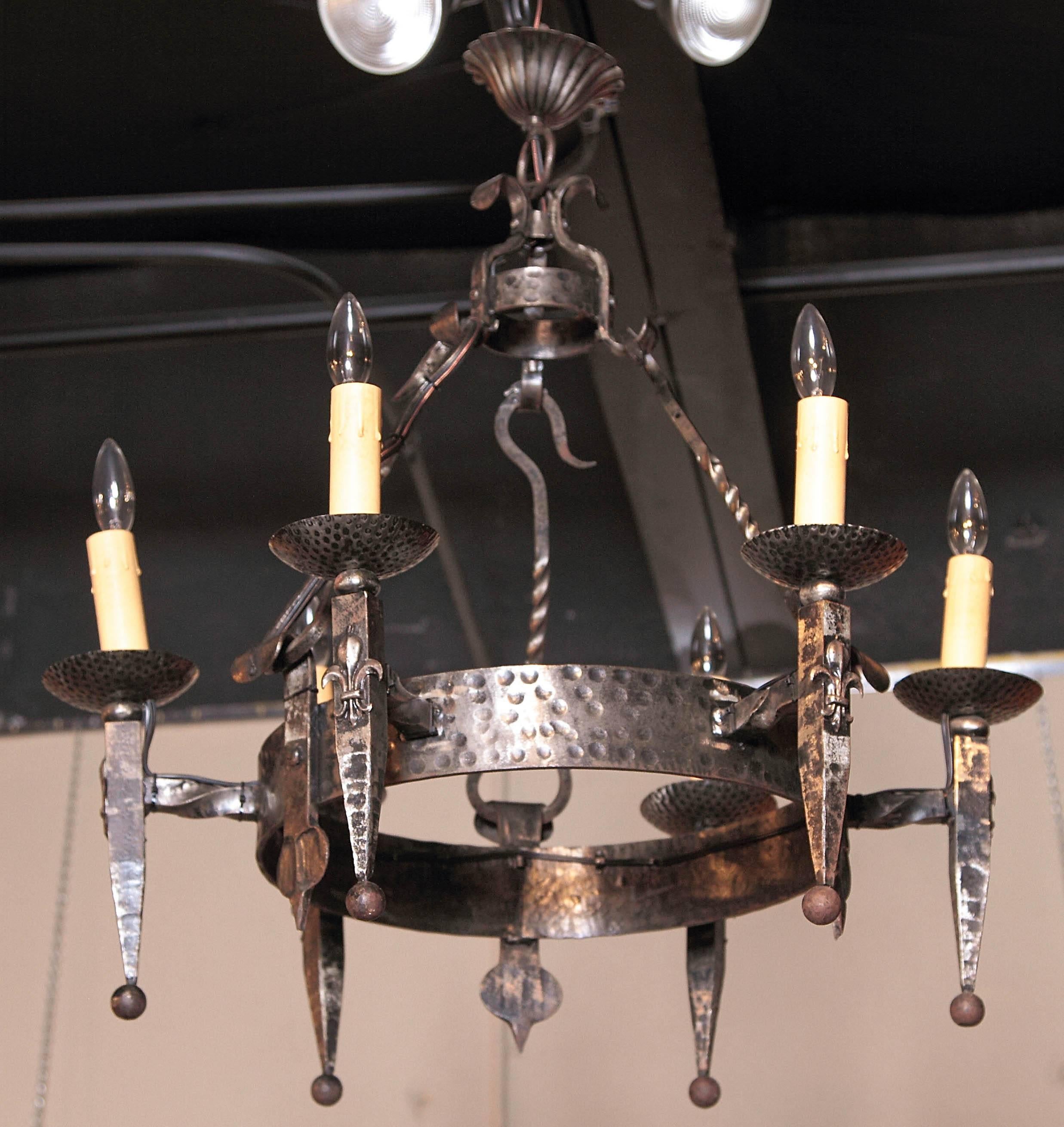 Gothic Early 20th Century French Polished Iron Six-Light Chandelier with Fleur-de-Lys