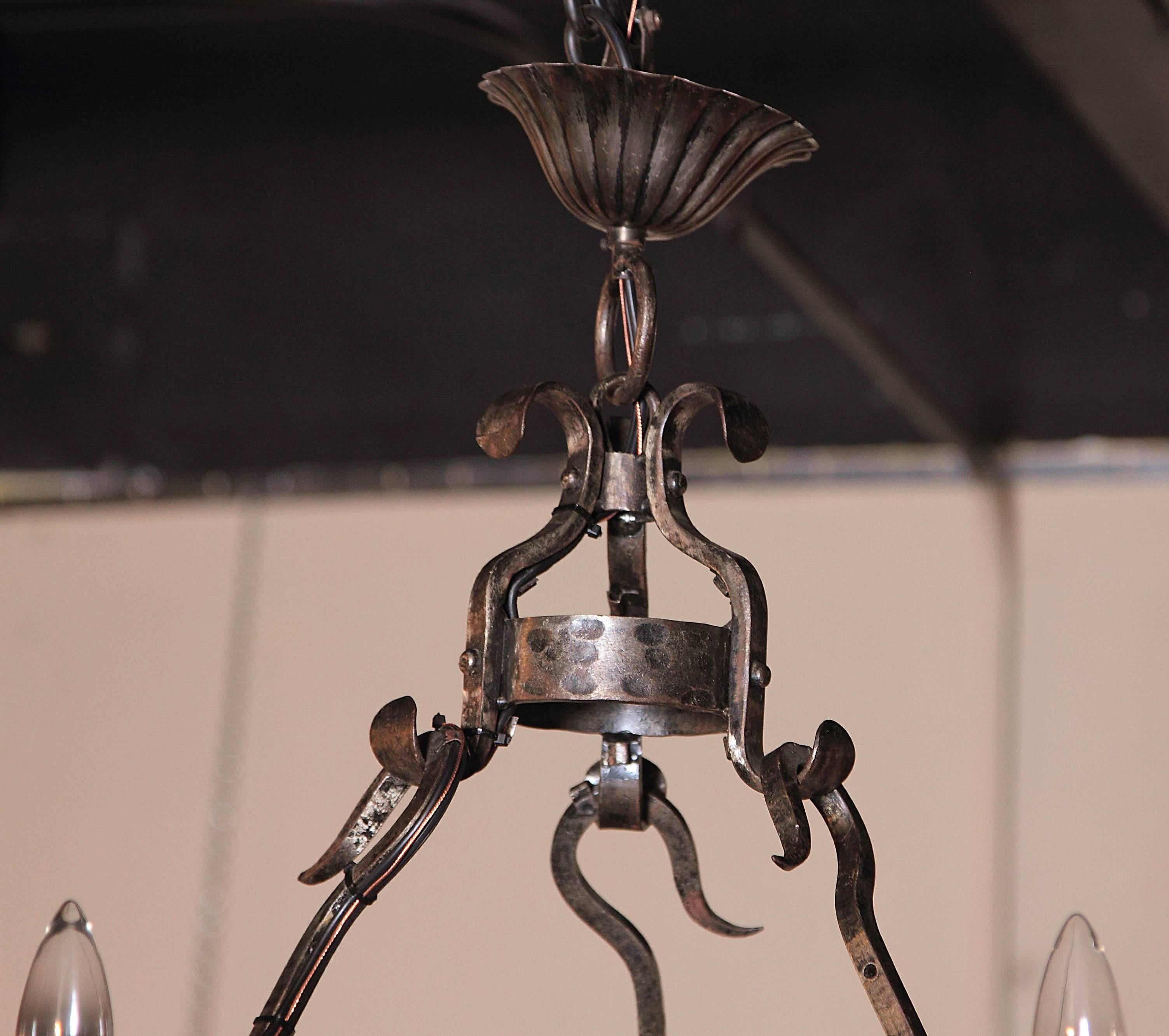 Forged Early 20th Century French Polished Iron Six-Light Chandelier with Fleur-de-Lys