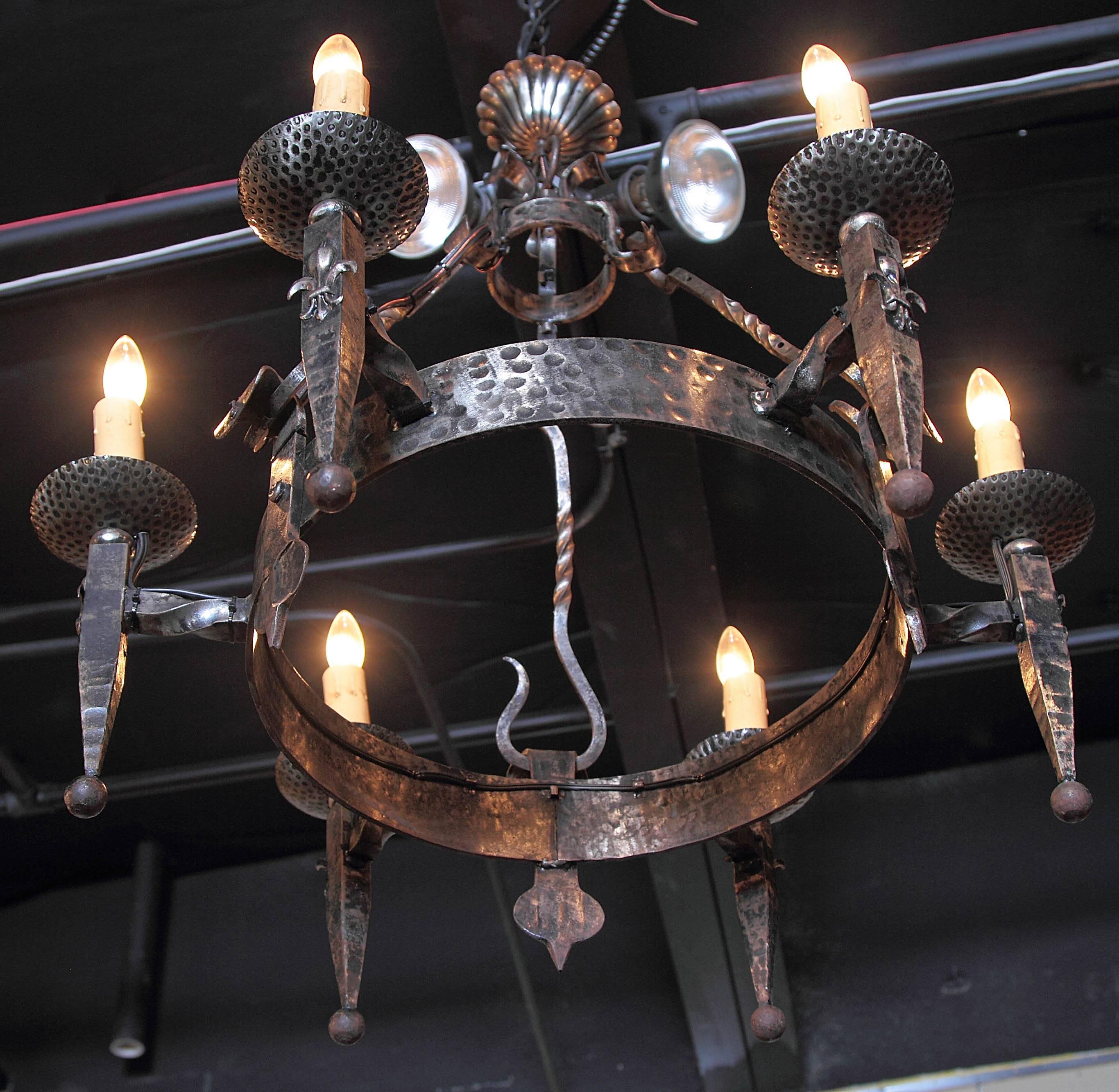 Wrought Iron Early 20th Century French Polished Iron Six-Light Chandelier with Fleur-de-Lys