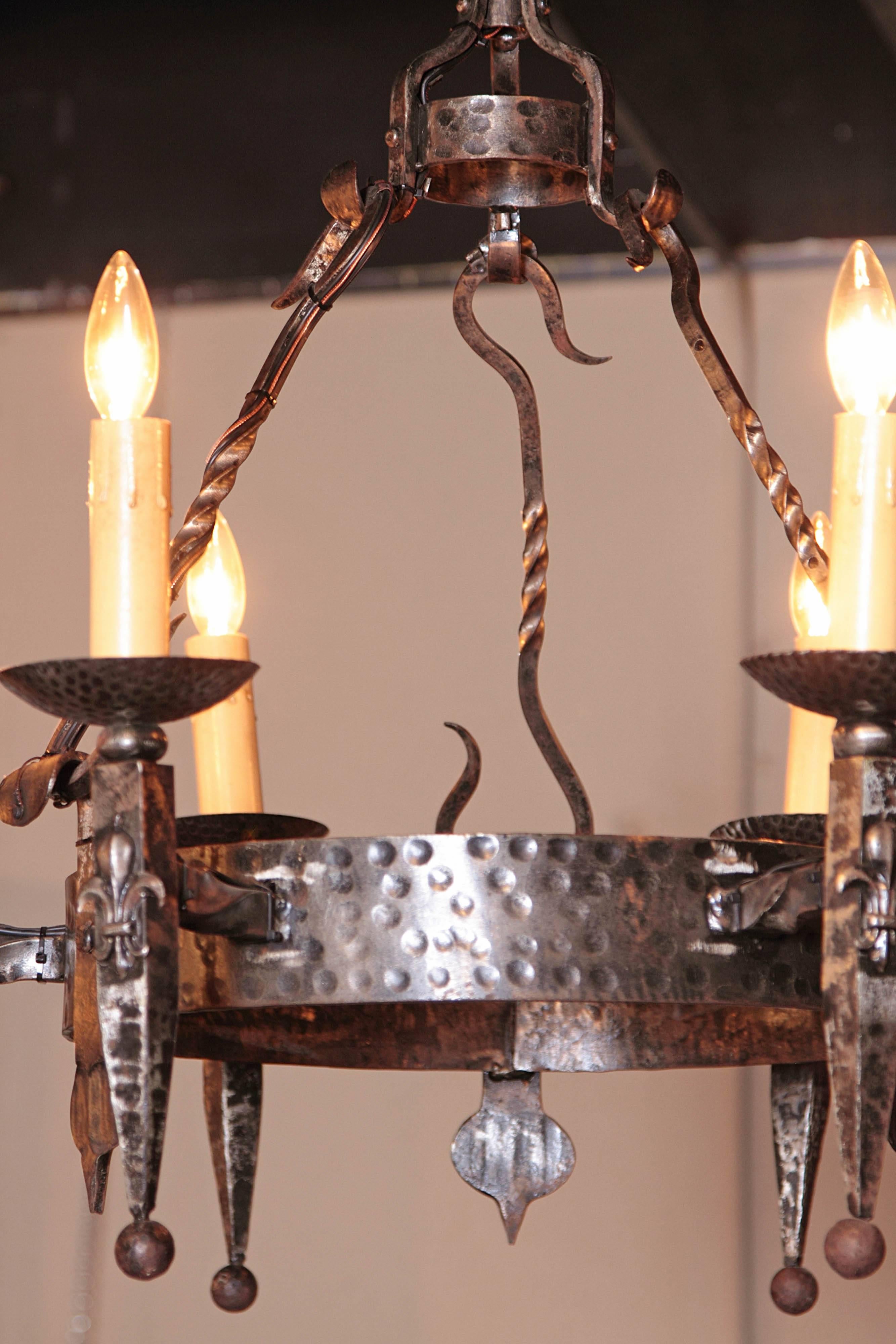 Early 20th Century French Polished Iron Six-Light Chandelier with Fleur-de-Lys 1