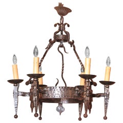 Early 20th Century French Polished Iron Six-Light Chandelier with Fleur-de-Lys