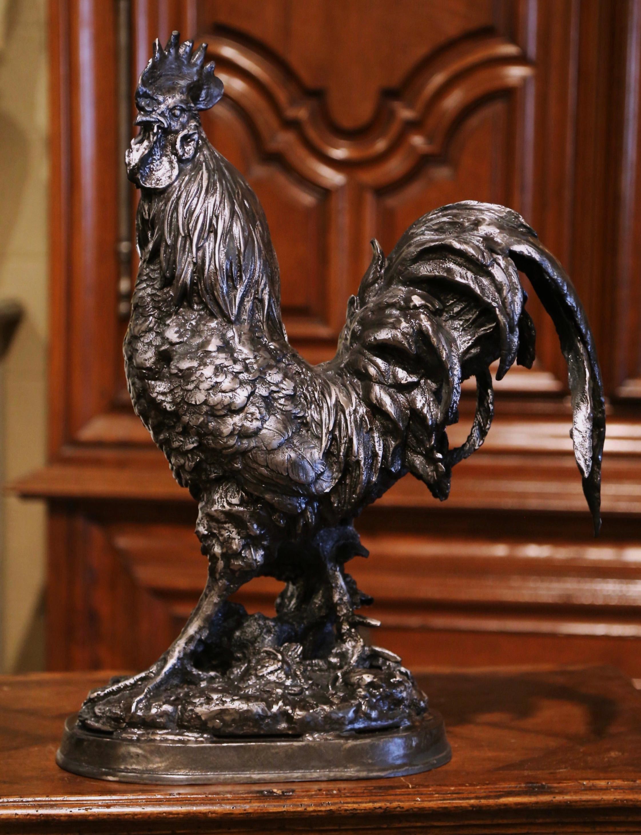 Early 20th Century French Polished Steel Iron Rooster Sculpture In Excellent Condition For Sale In Dallas, TX