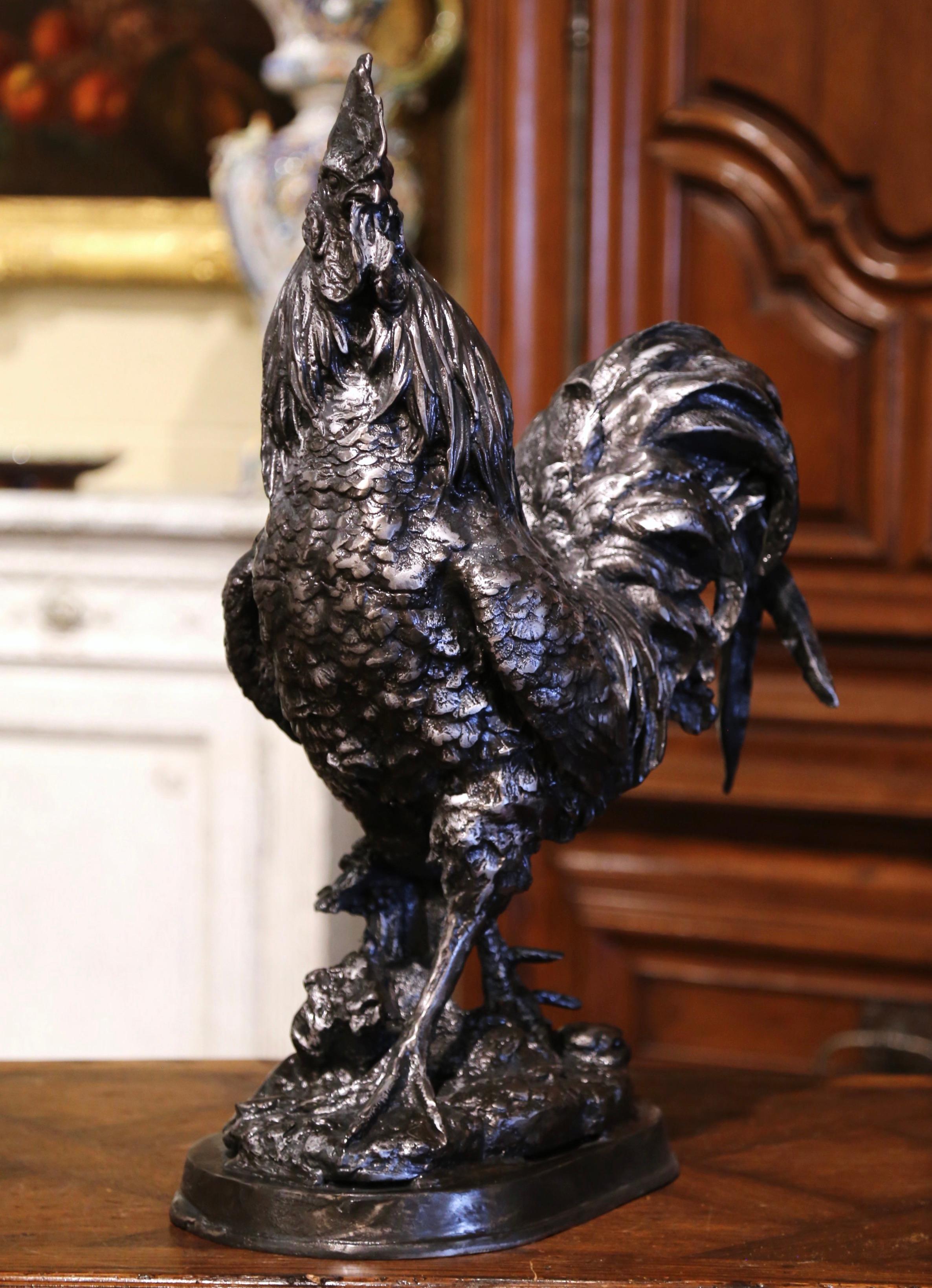 Early 20th Century French Polished Steel Iron Rooster Sculpture For Sale 1