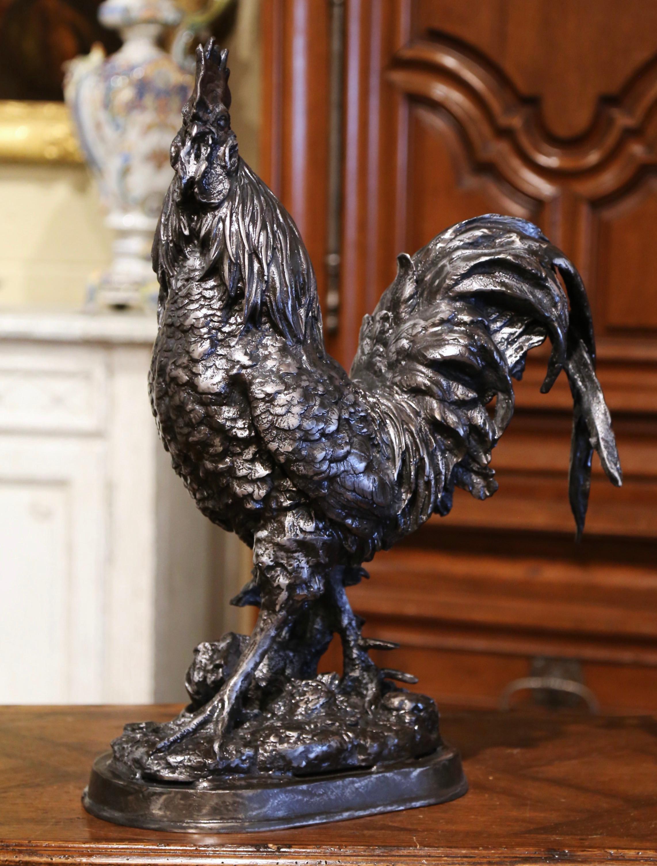 Early 20th Century French Polished Steel Iron Rooster Sculpture For Sale 2
