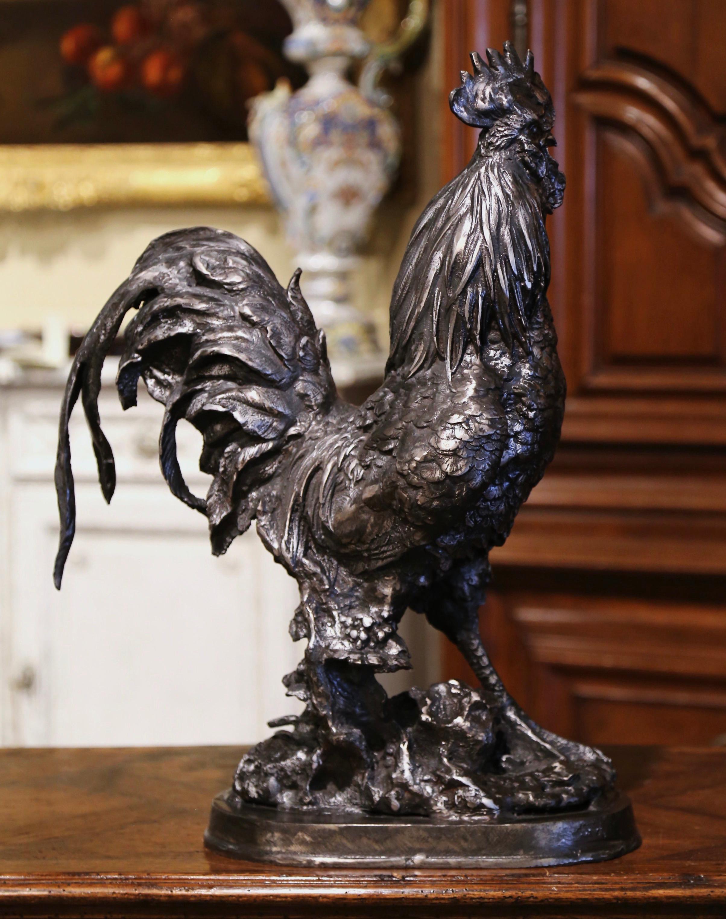 Early 20th Century French Polished Steel Iron Rooster Sculpture For Sale 3