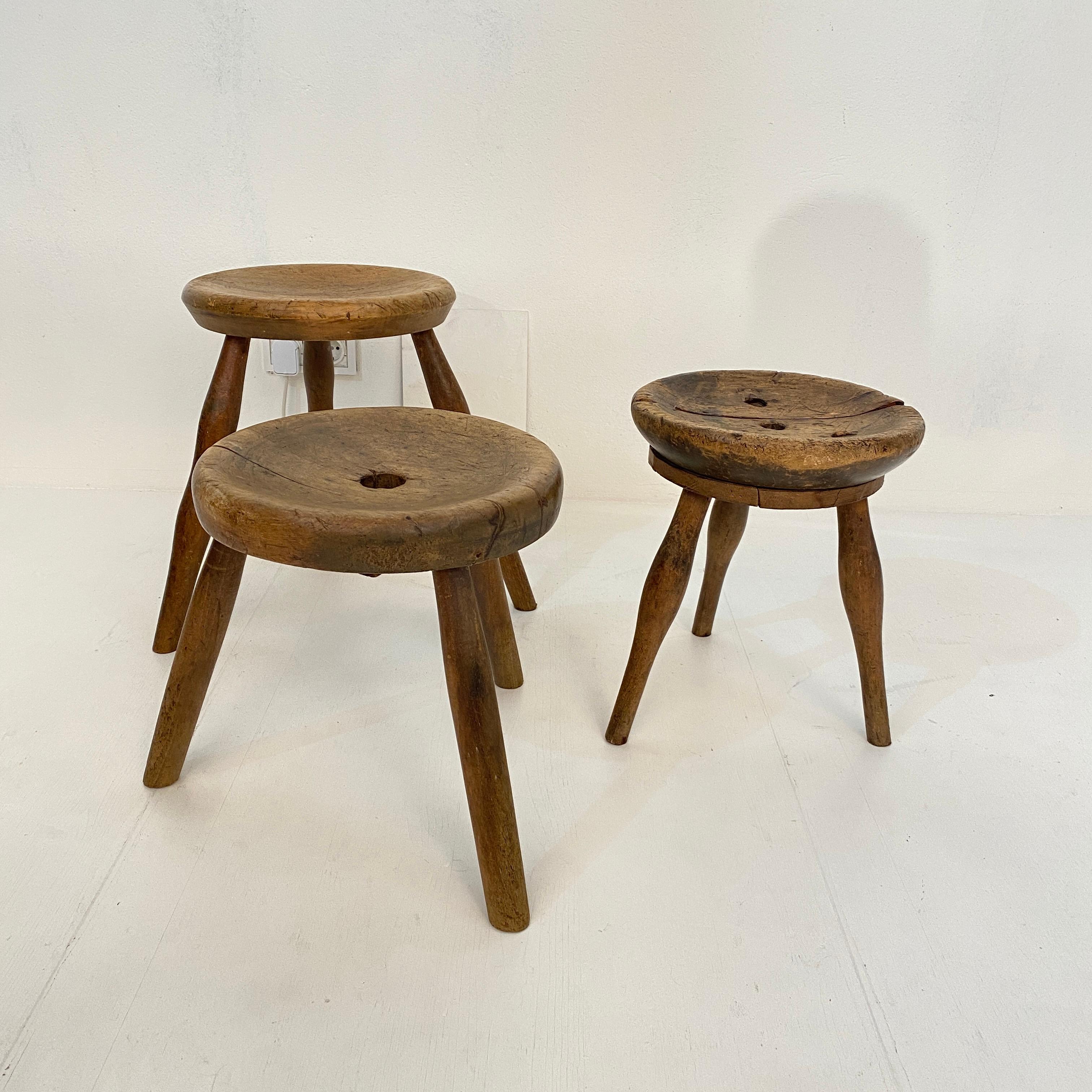Early 20th Century French Country Wabi Sabi 3-Leg Milking Stool in Ash & Beech 8