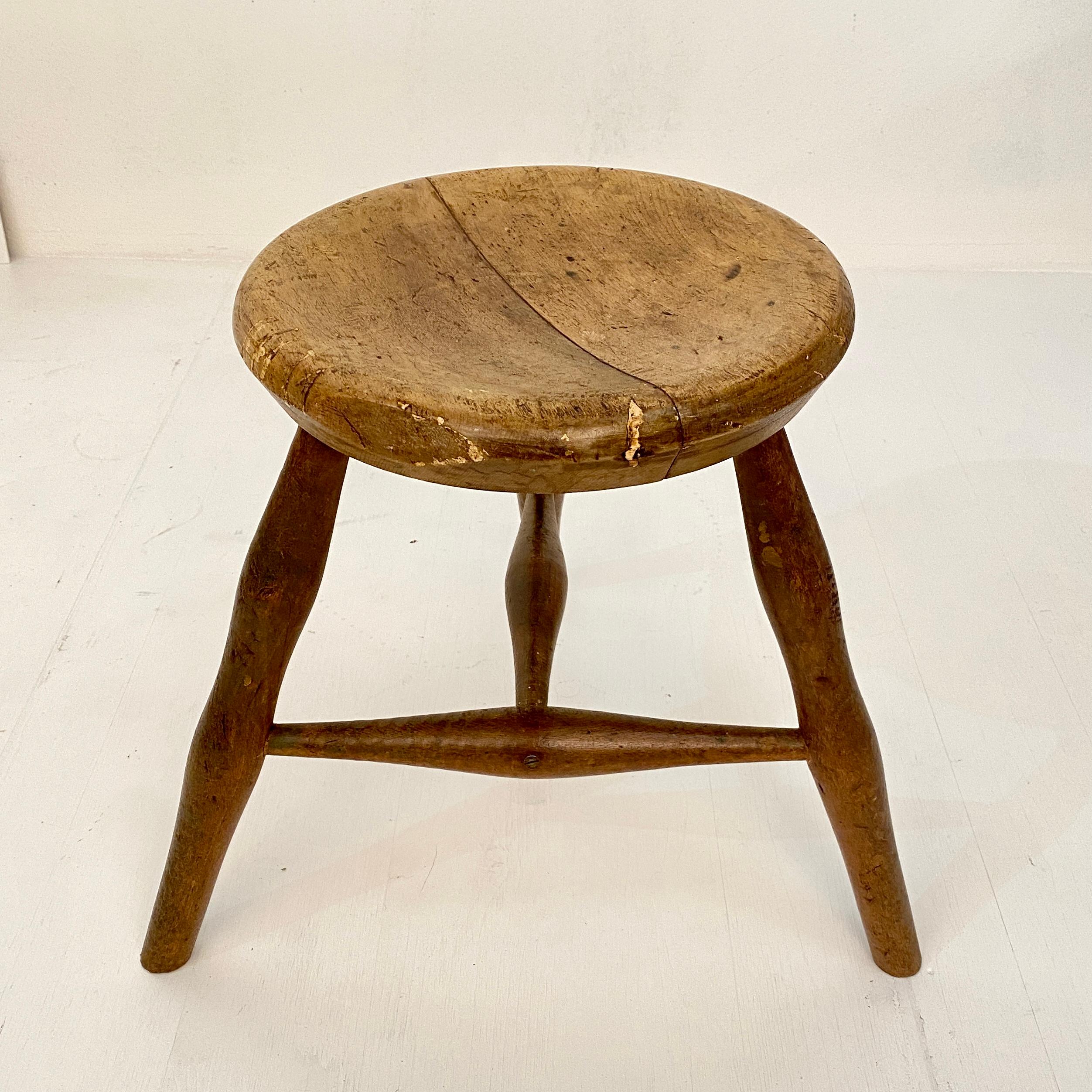 Early 20th Century French Country Wabi Sabi 3-Leg Milking Stool in Ash & Beech 9