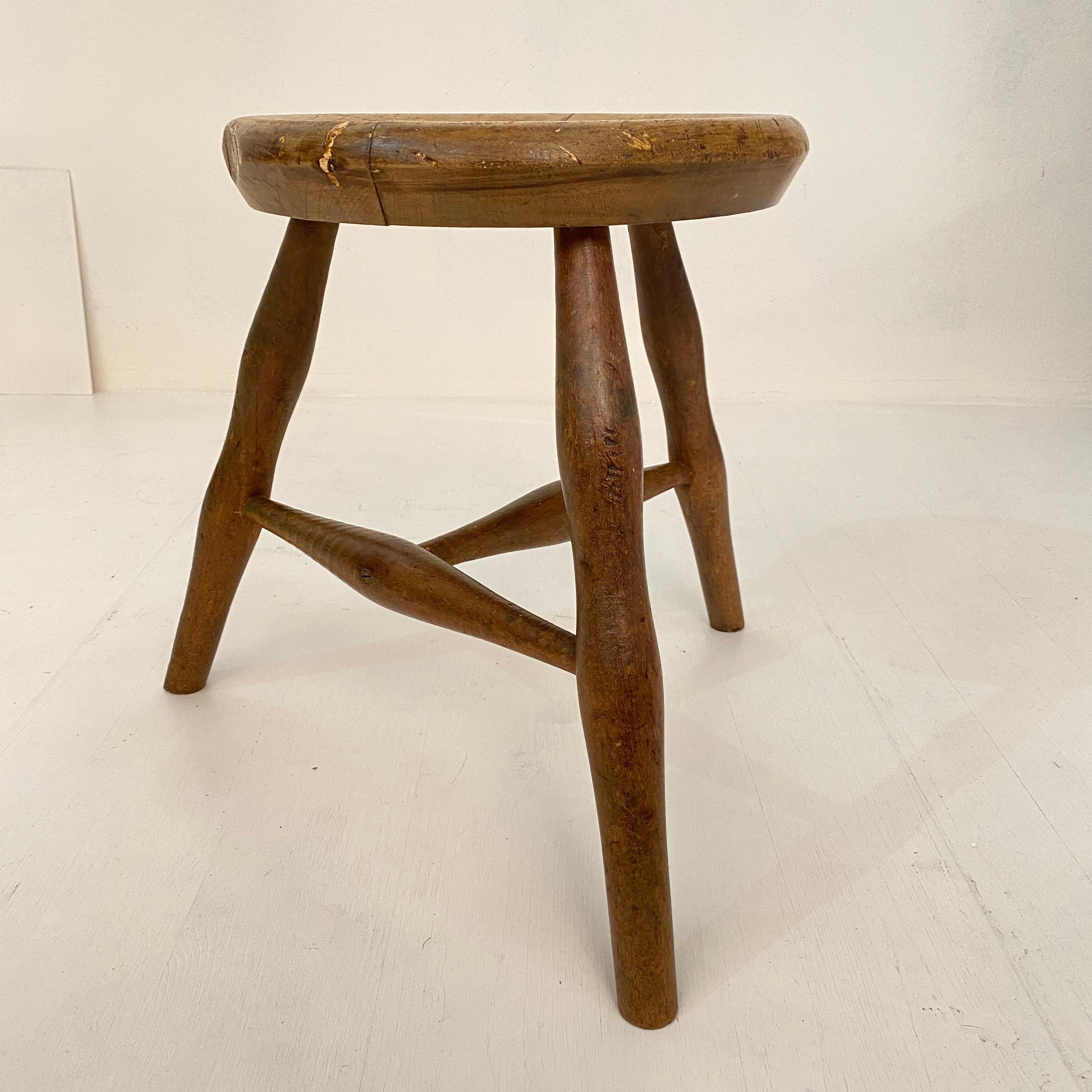 Early 20th Century French Country Wabi Sabi 3-Leg Milking Stool in Ash & Beech 12