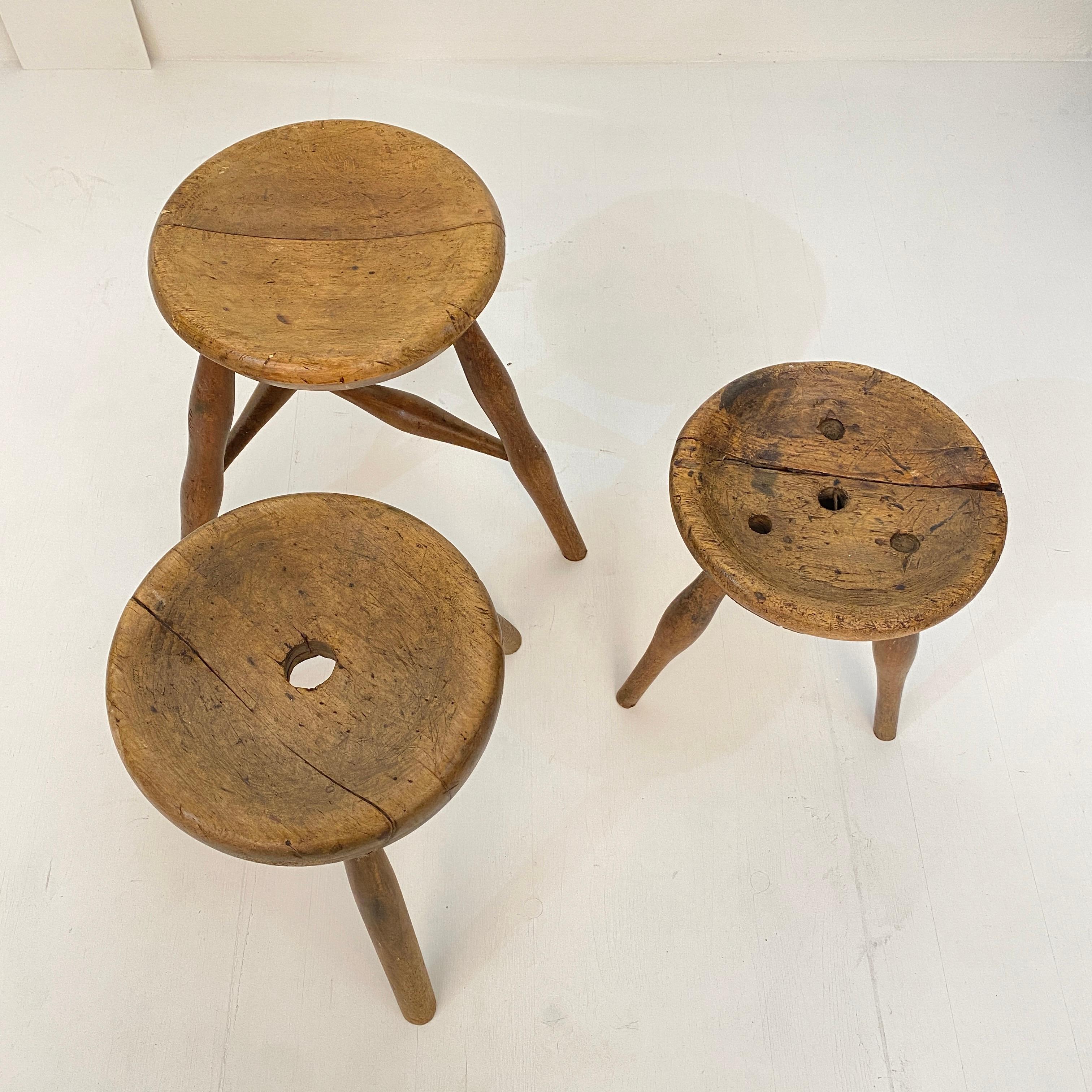 Early 20th Century French Country Wabi Sabi 3-Leg Milking Stool in Ash & Beech 14