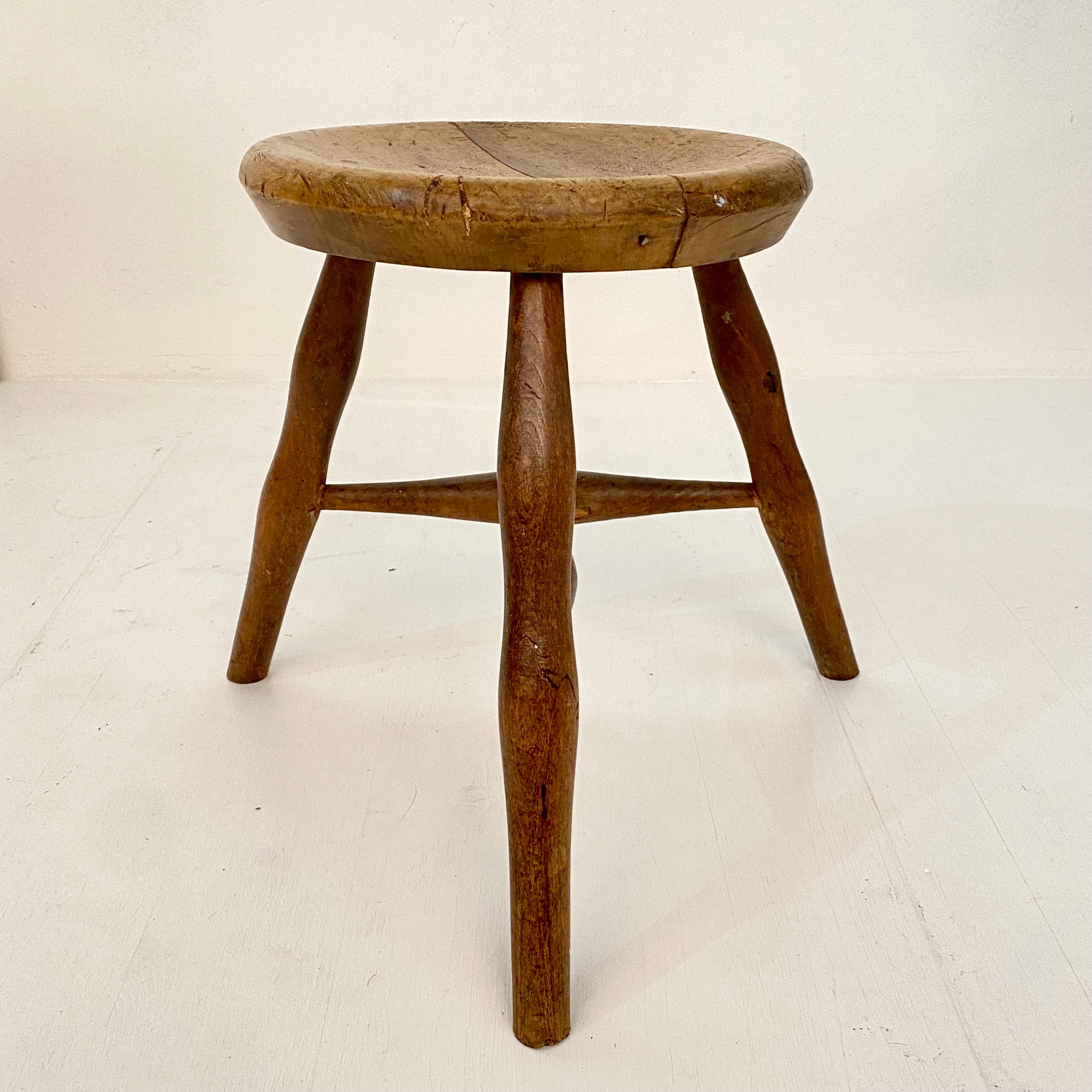 German Early 20th Century French Country Wabi Sabi 3-Leg Milking Stool in Ash & Beech