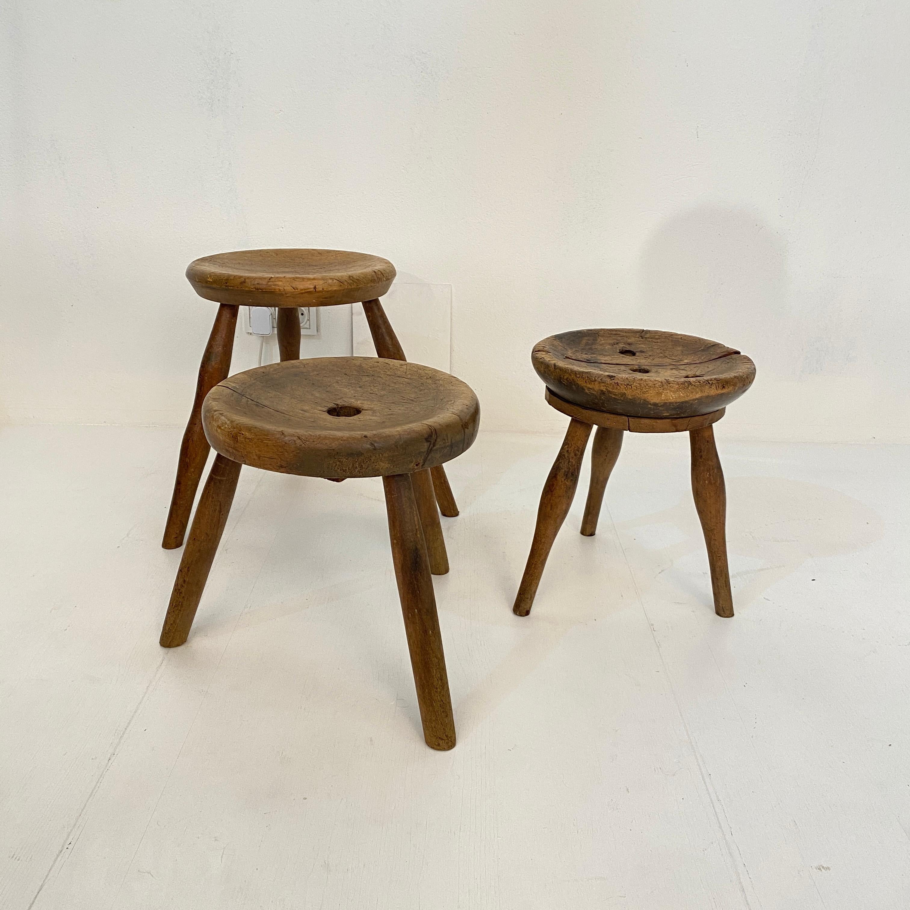 Early 20th Century French Country Wabi Sabi 3-Leg Milking Stool in Ash & Beech 3