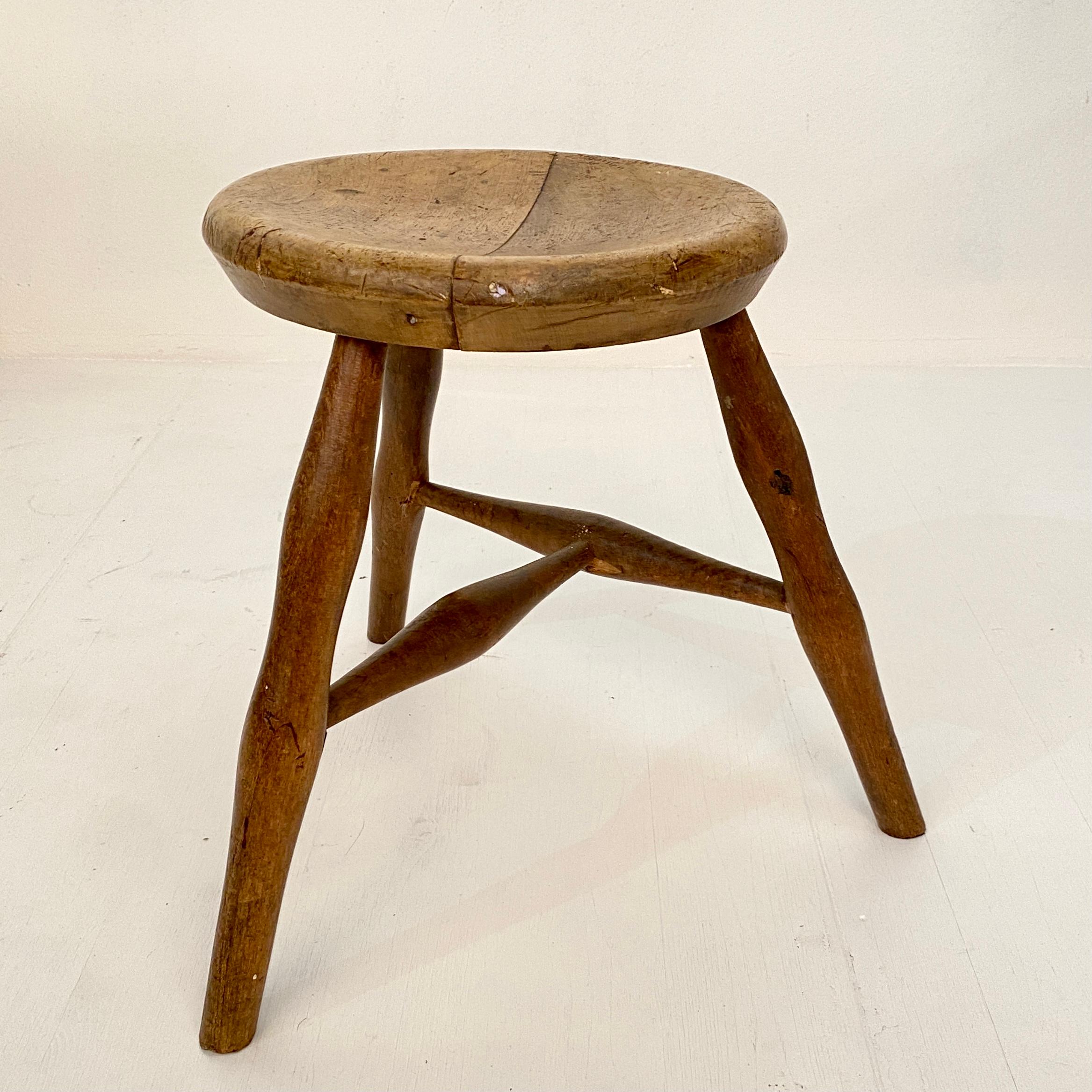 Early 20th Century French Country Wabi Sabi 3-Leg Milking Stool in Ash & Beech 4