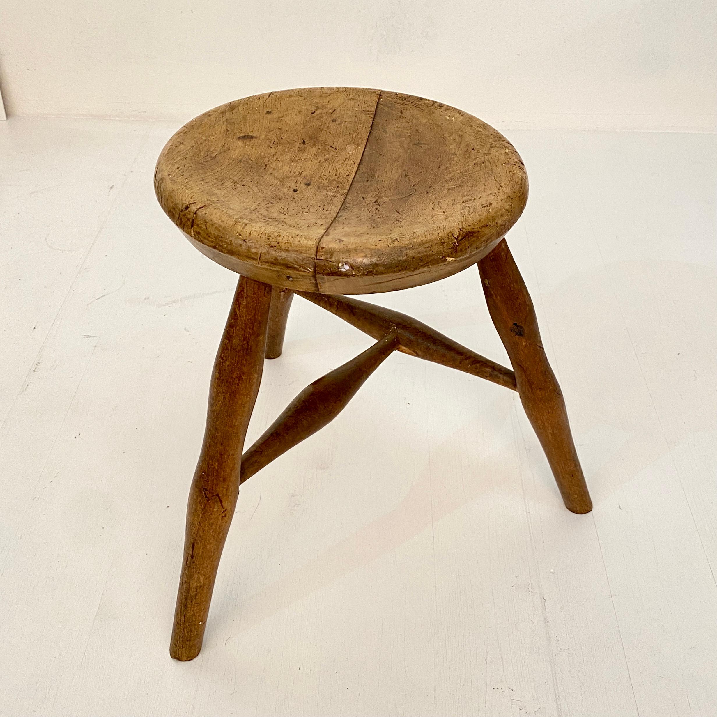Early 20th Century French Country Wabi Sabi 3-Leg Milking Stool in Ash & Beech 5