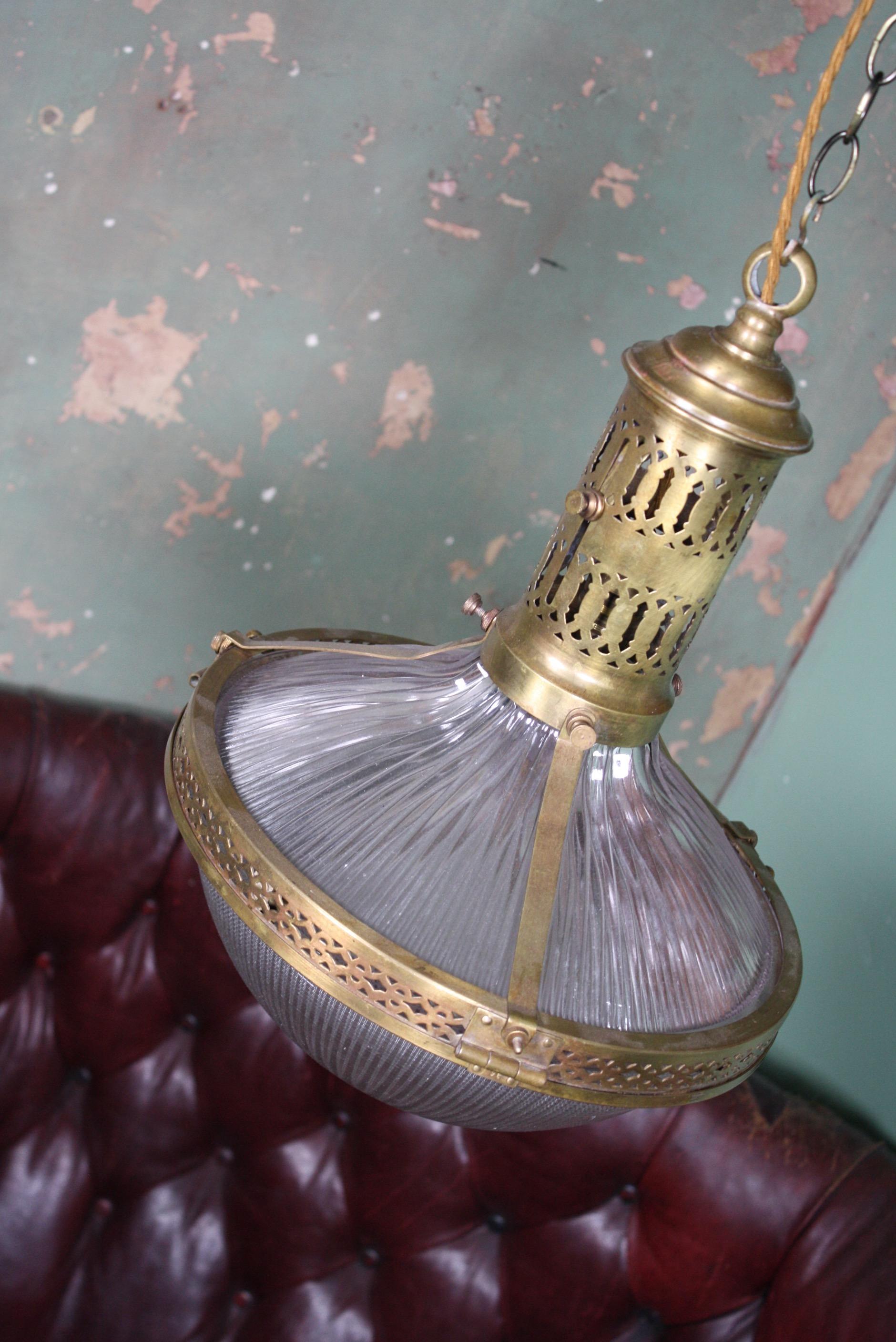 Early 20th Century French Prismatic Violet Glass & Brass Holophane Pendant Light 11