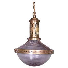 Antique Early 20th Century French Prismatic Violet Glass & Brass Holophane Pendant Light