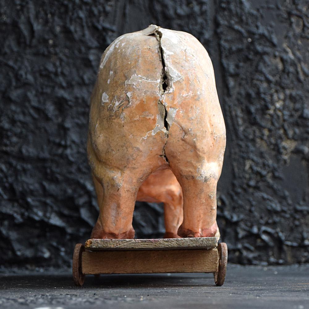 Early 20th Century French Pull Along Papier Mâché Toy Pig In Distressed Condition In London, GB