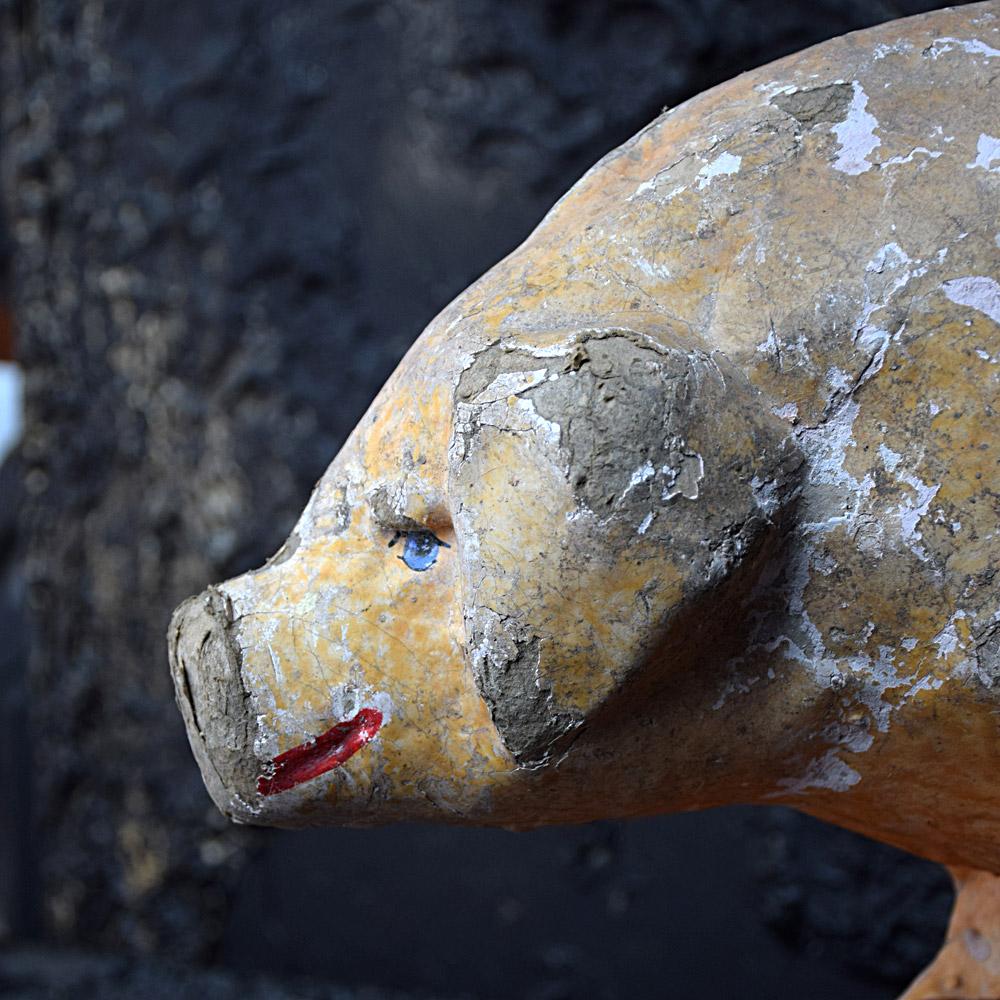 Paper Early 20th Century French Pull Along Papier Mâché Toy Pig