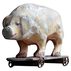 Early 20th Century French Pull Along Papier Mâché Toy Pig