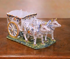 Early 20th Century French Quimper Faience Ox Cart Planter or Vide Poche