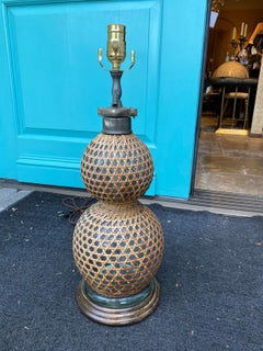Early 20th Century French Rattan Covered Glass and Pewter Seltzer Bottle as Lamp