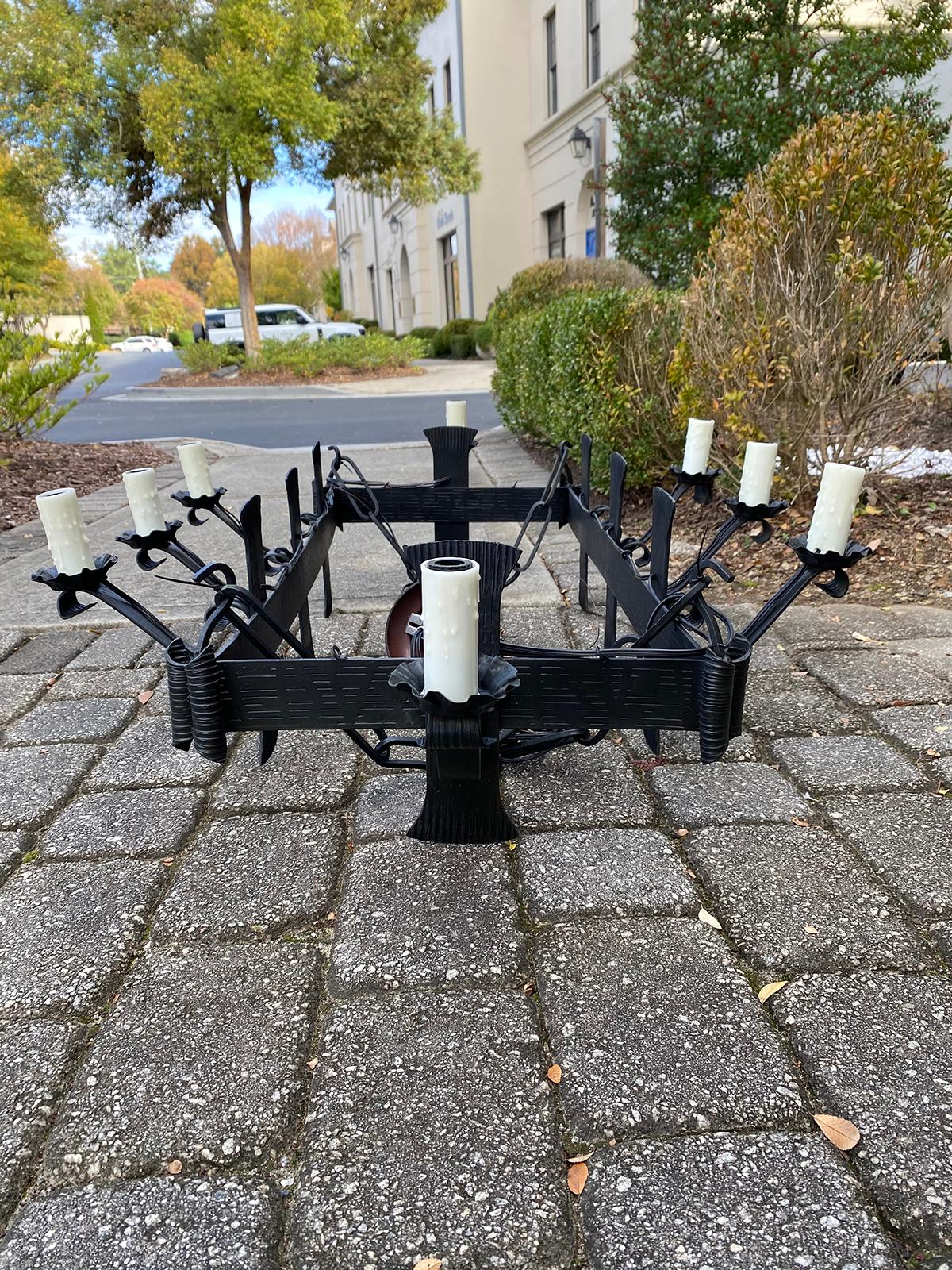 Early 20th Century French Rectangular Hand-Forged Iron Eight-Light Chandelier For Sale 8