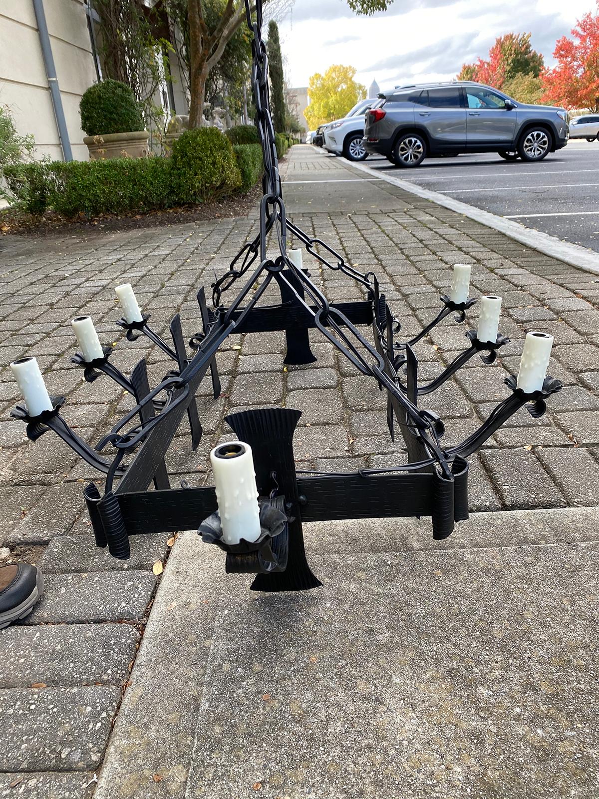 Early 20th Century French Rectangular Hand-Forged Iron Eight-Light Chandelier For Sale 6