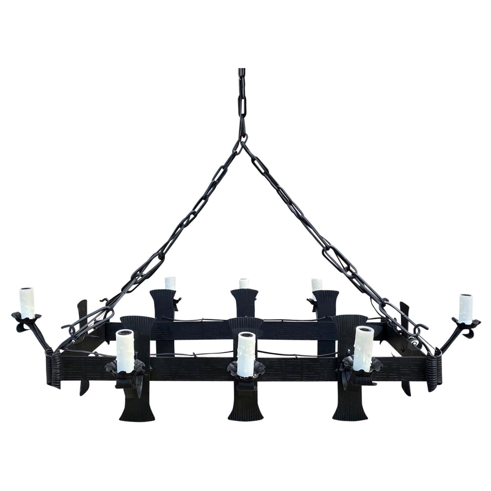 Early 20th Century French Rectangular Hand-Forged Iron Eight-Light Chandelier For Sale