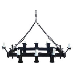 Early 20th Century French Rectangular Hand-Forged Iron Eight-Light Chandelier