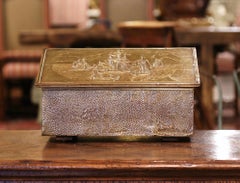 Early 20th Century French Repousse Brass and Wooden Box with Sailboats Decor