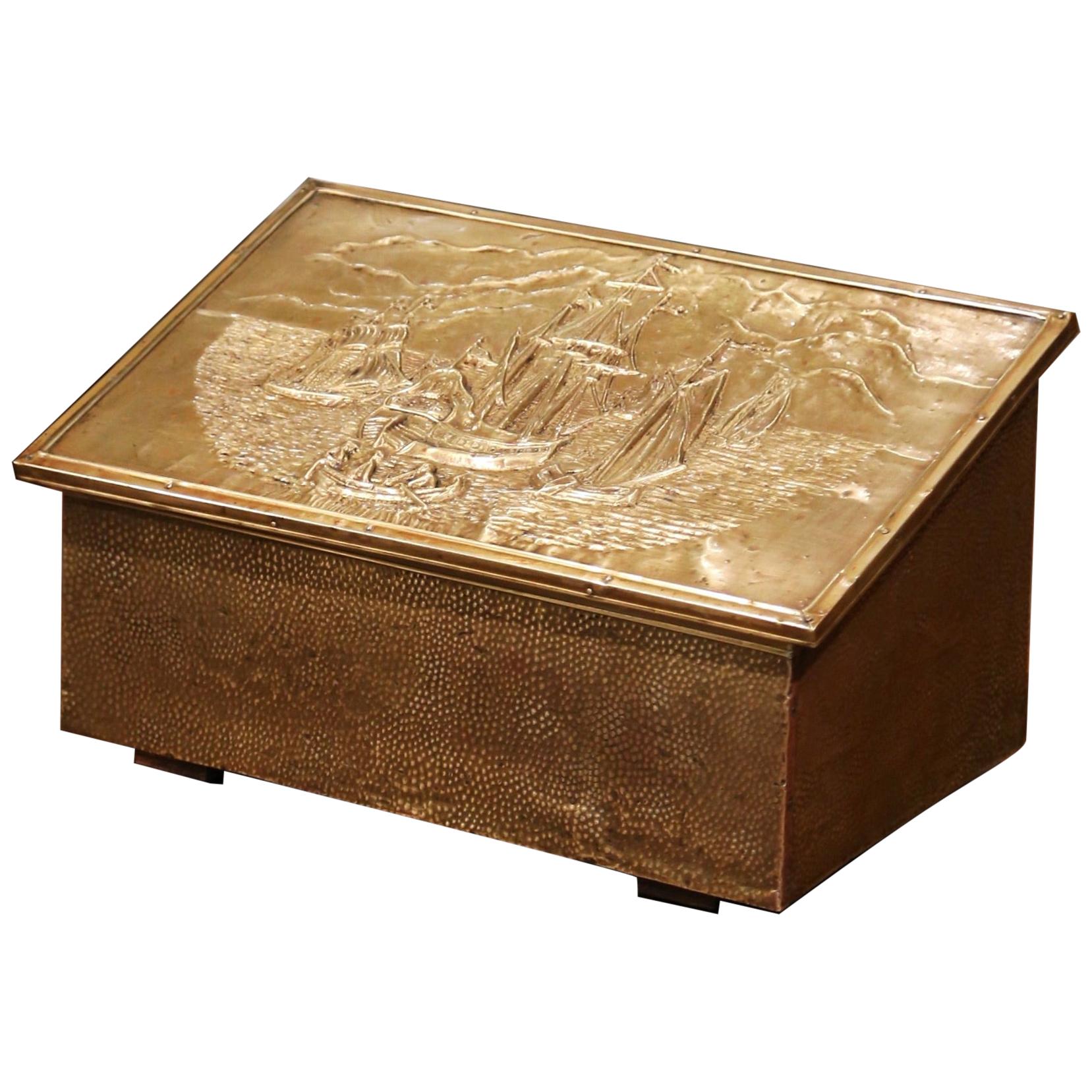 Early 20th Century French Repousse Brass and Wooden Box with Sailboats Decor For Sale
