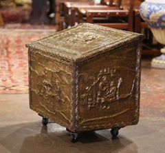 Early 20th Century French Repousse Brass and Wooden Firewood Box on Wheels