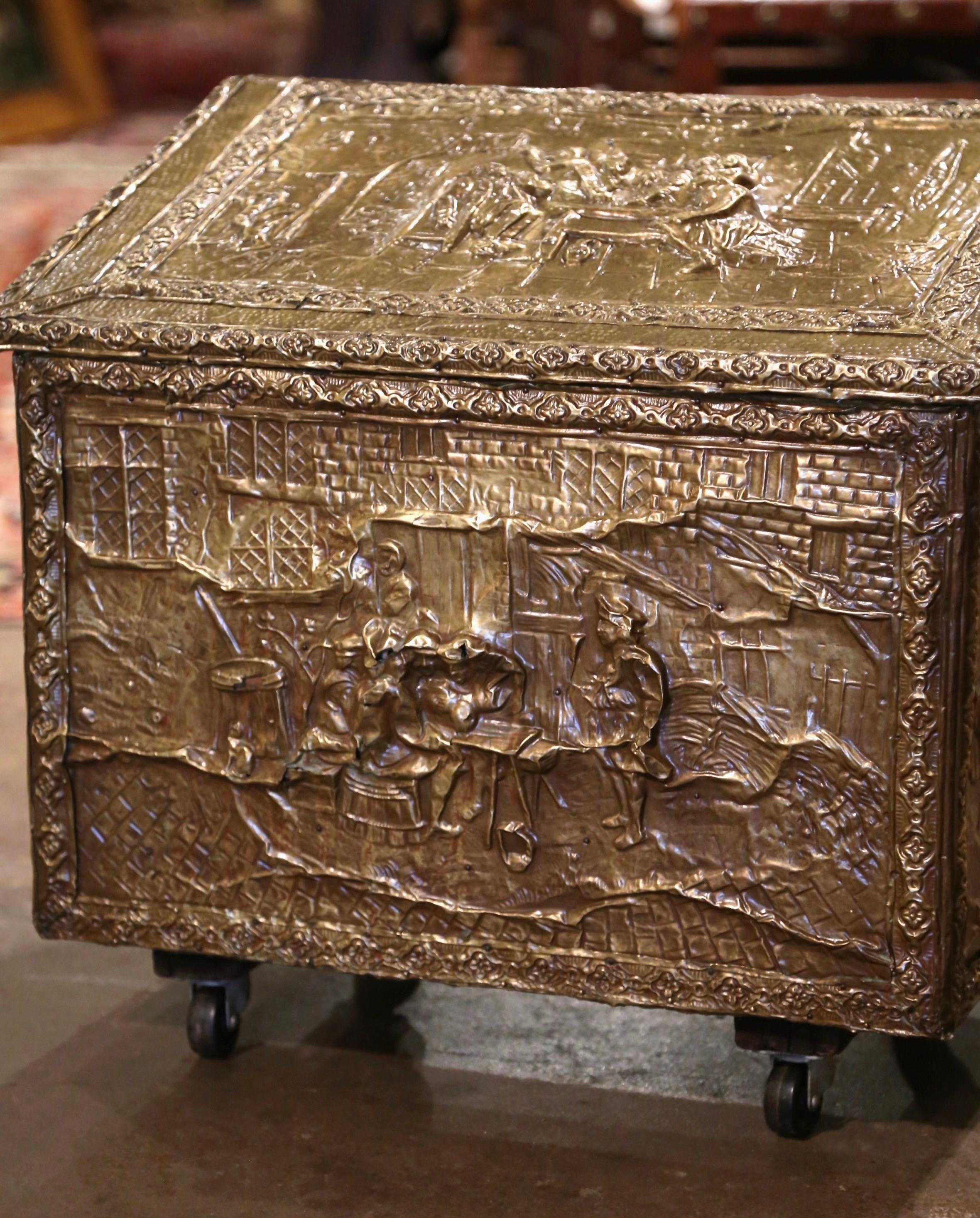 Patinated Early 20th Century French Repousse Brass and Wooden Firewood Box on Wheels For Sale