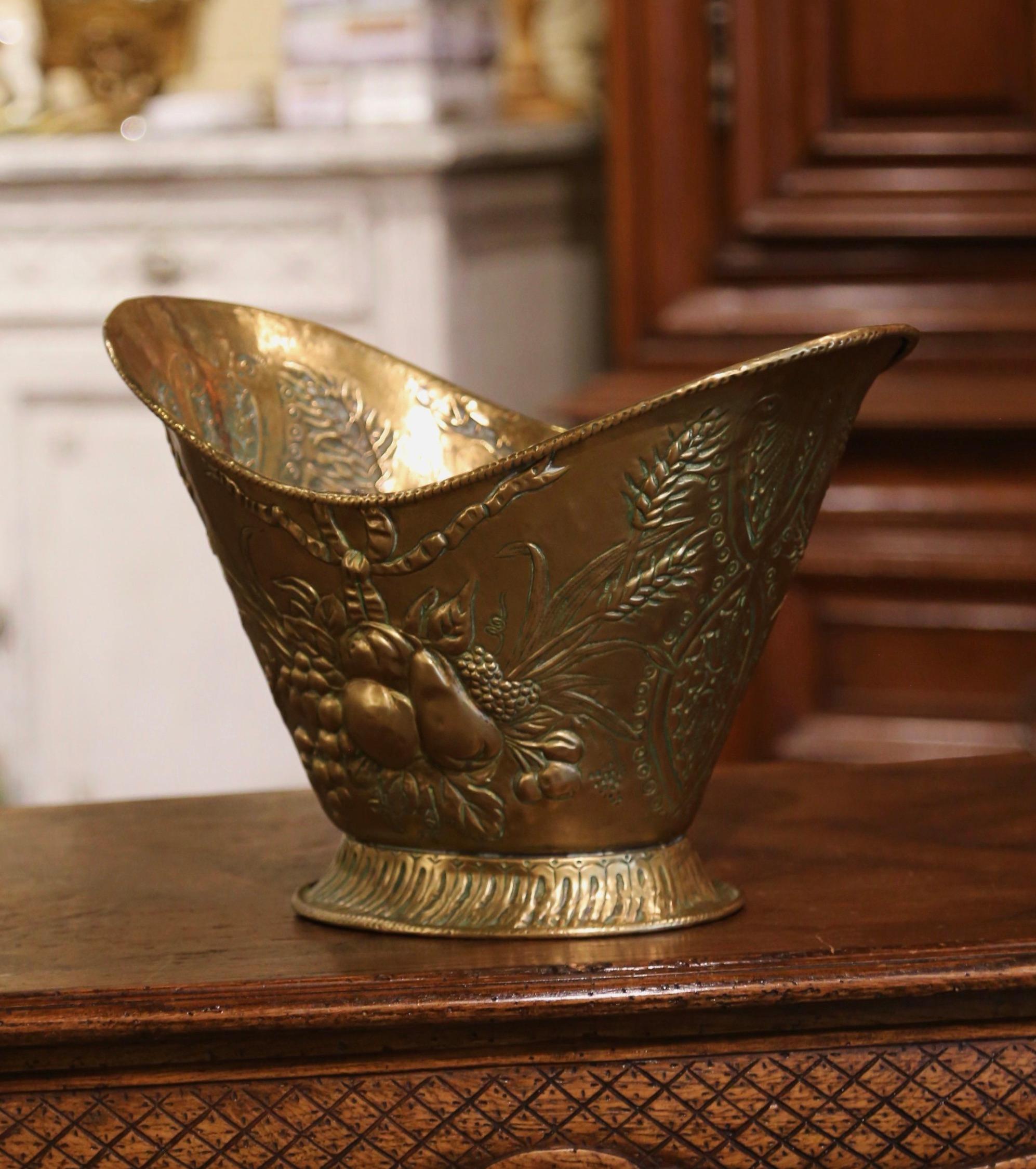 Hand-Crafted Early 20th Century French Repousse Brass Champagne Cooler with Fruit Decor