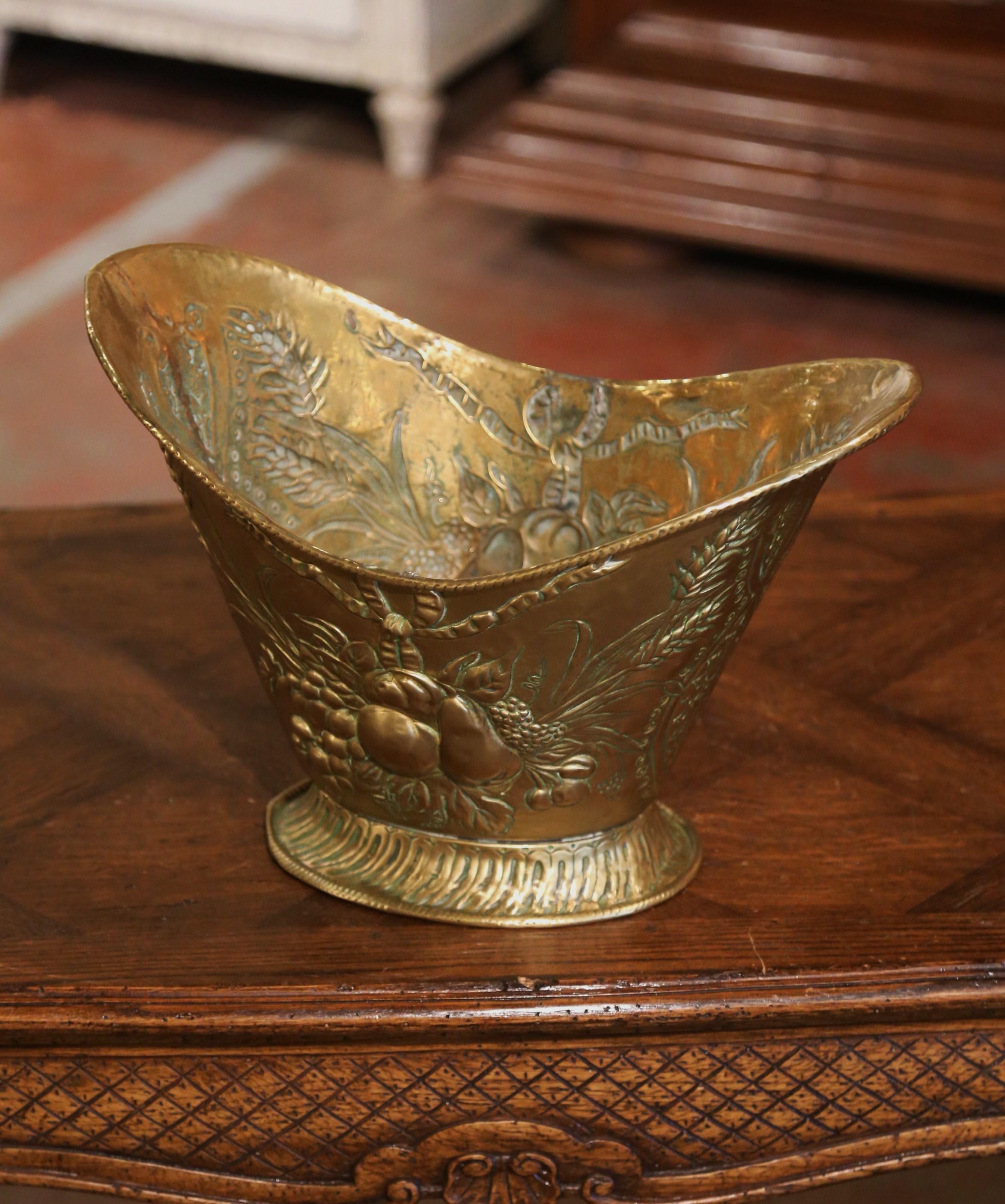 Early 20th Century French Repousse Brass Champagne Cooler with Fruit Decor 3